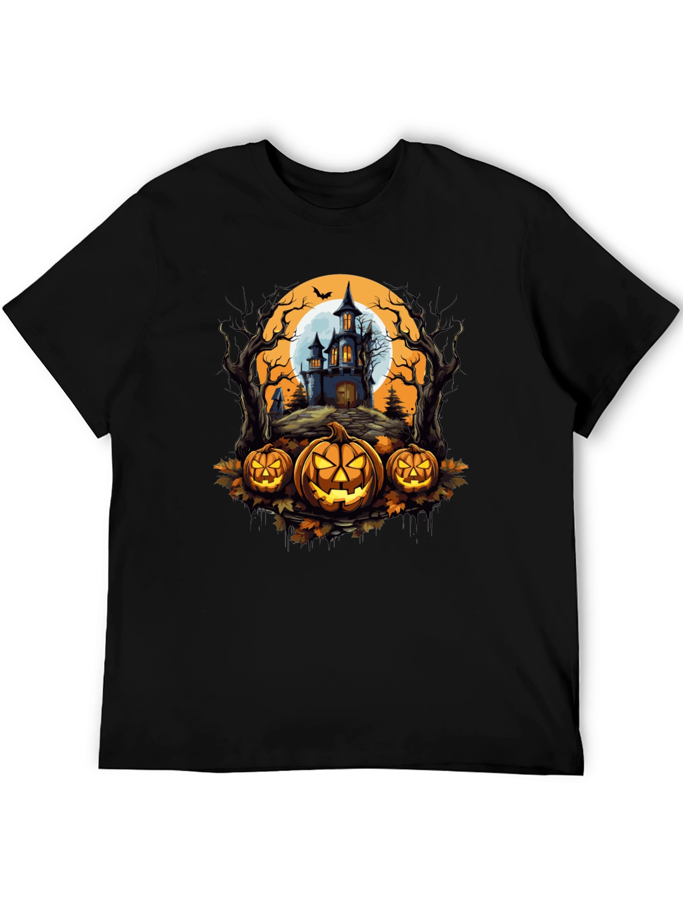 Halloween T-Shirt - Spooky House & Pumpkins Design