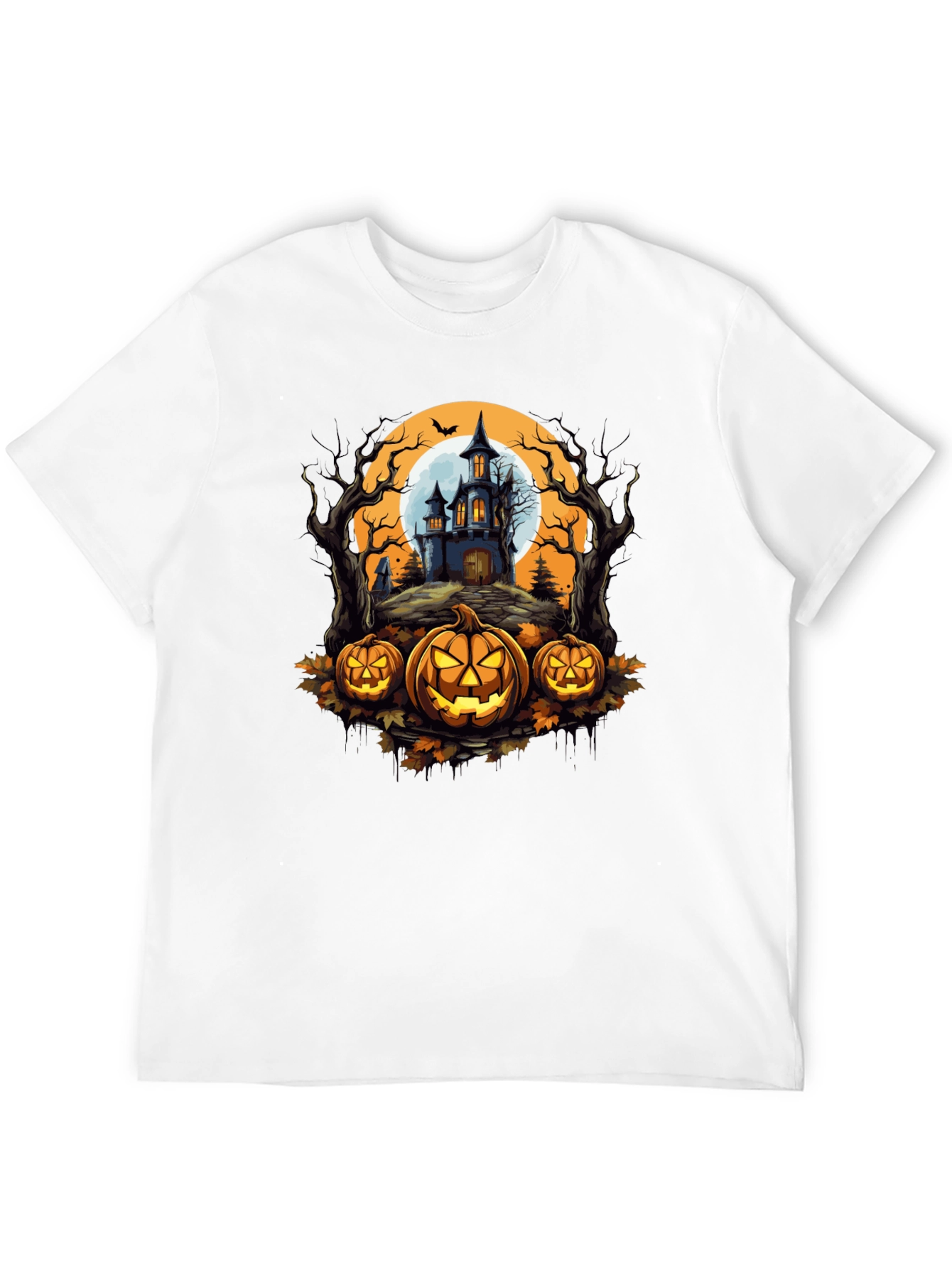 Halloween T-Shirt - Spooky House & Pumpkins Design