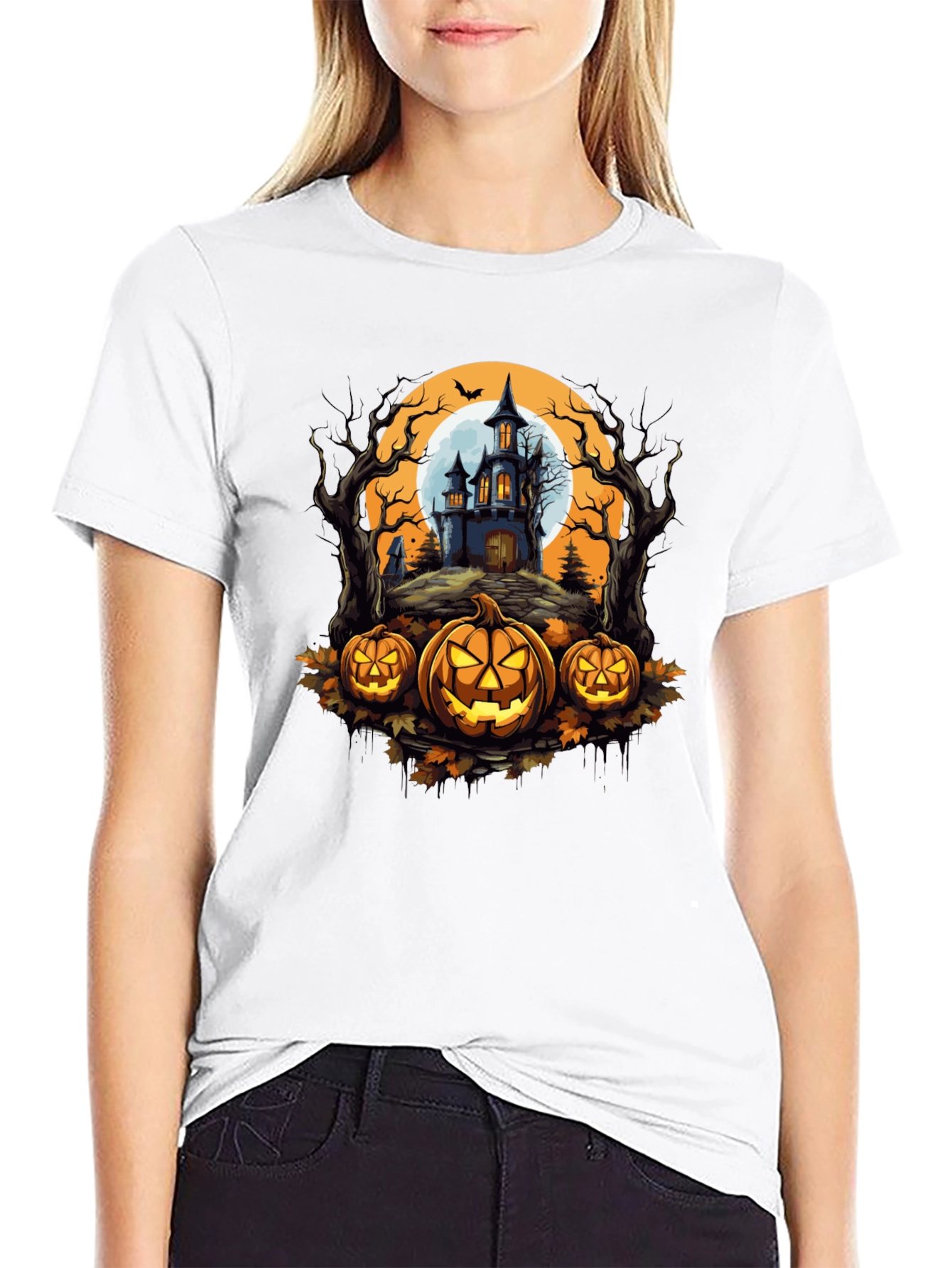 Halloween T-Shirt - Spooky House & Pumpkins Design