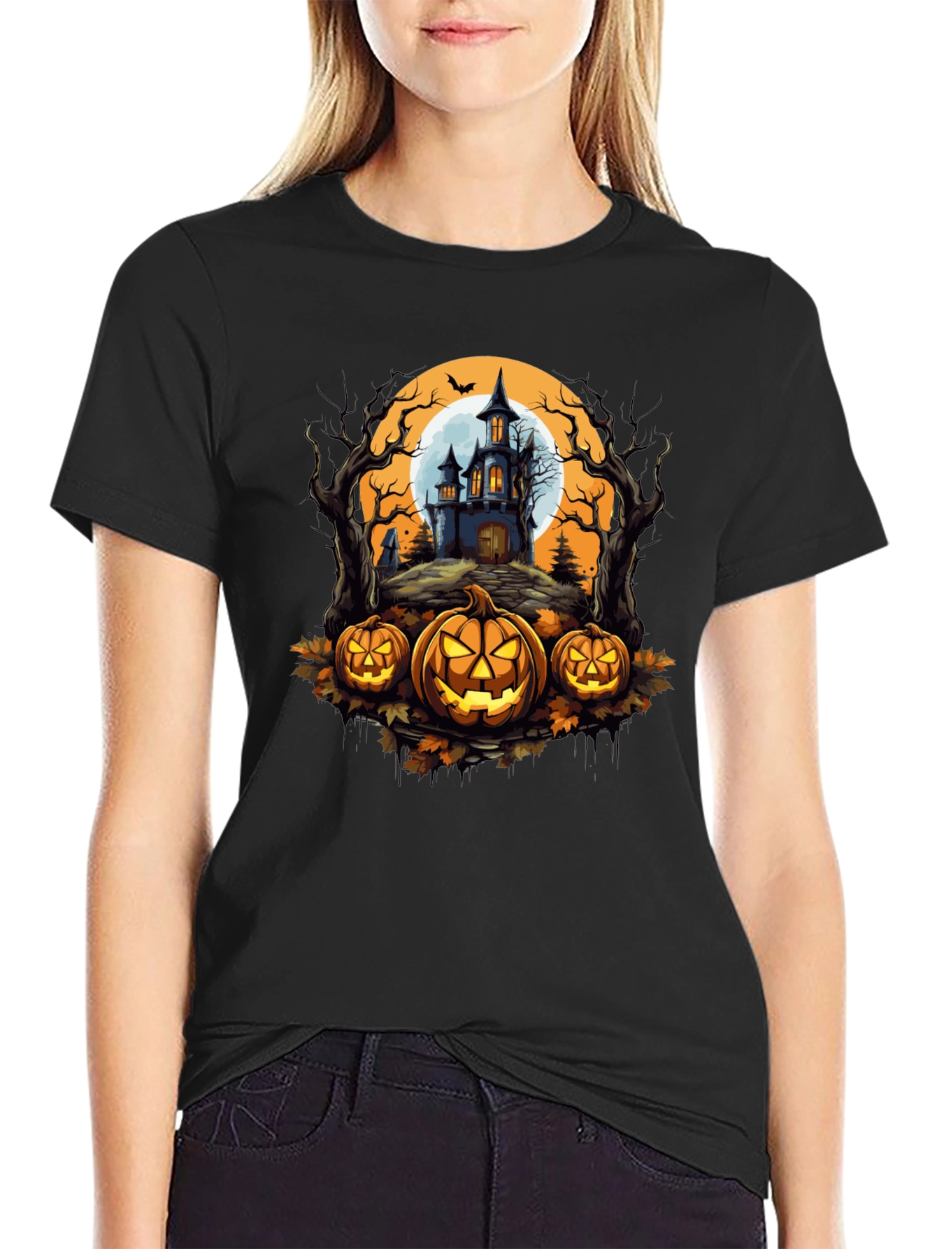 Halloween T-Shirt - Spooky House & Pumpkins Design