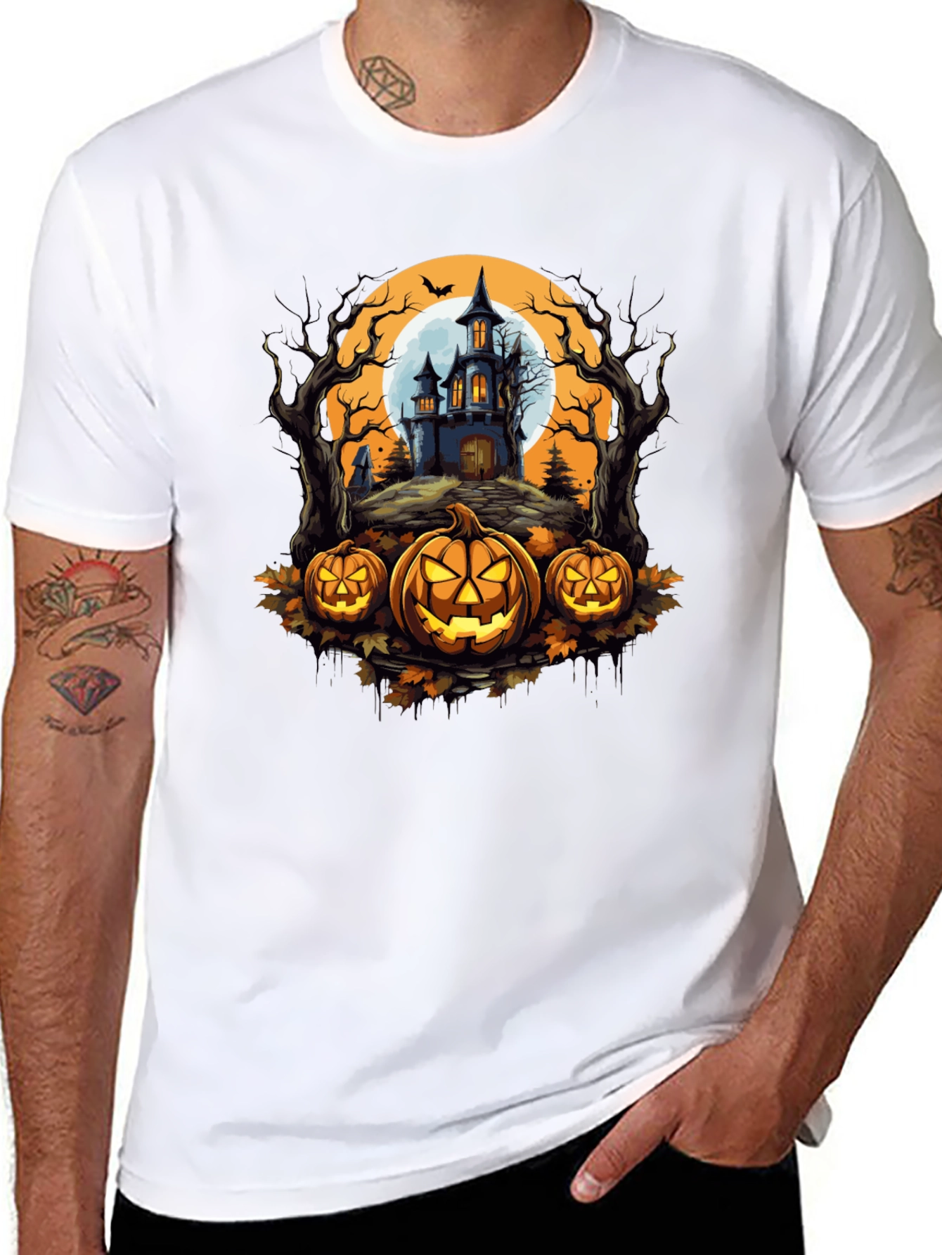 Halloween T-Shirt - Spooky House & Pumpkins Design