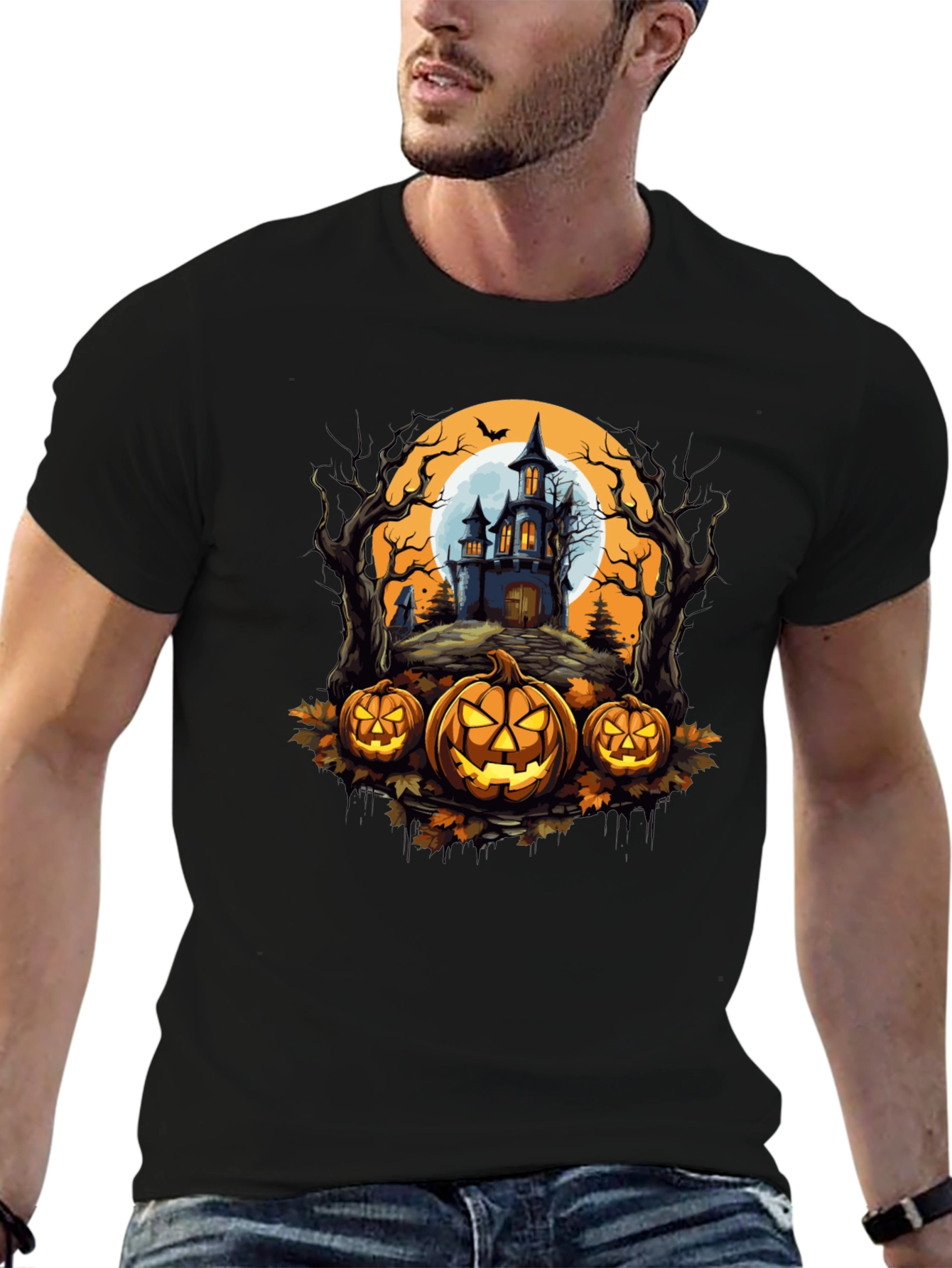 Halloween T-Shirt - Spooky House & Pumpkins Design