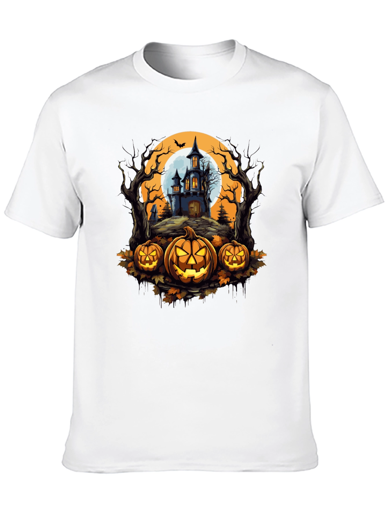 Halloween T-Shirt - Spooky House & Pumpkins Design