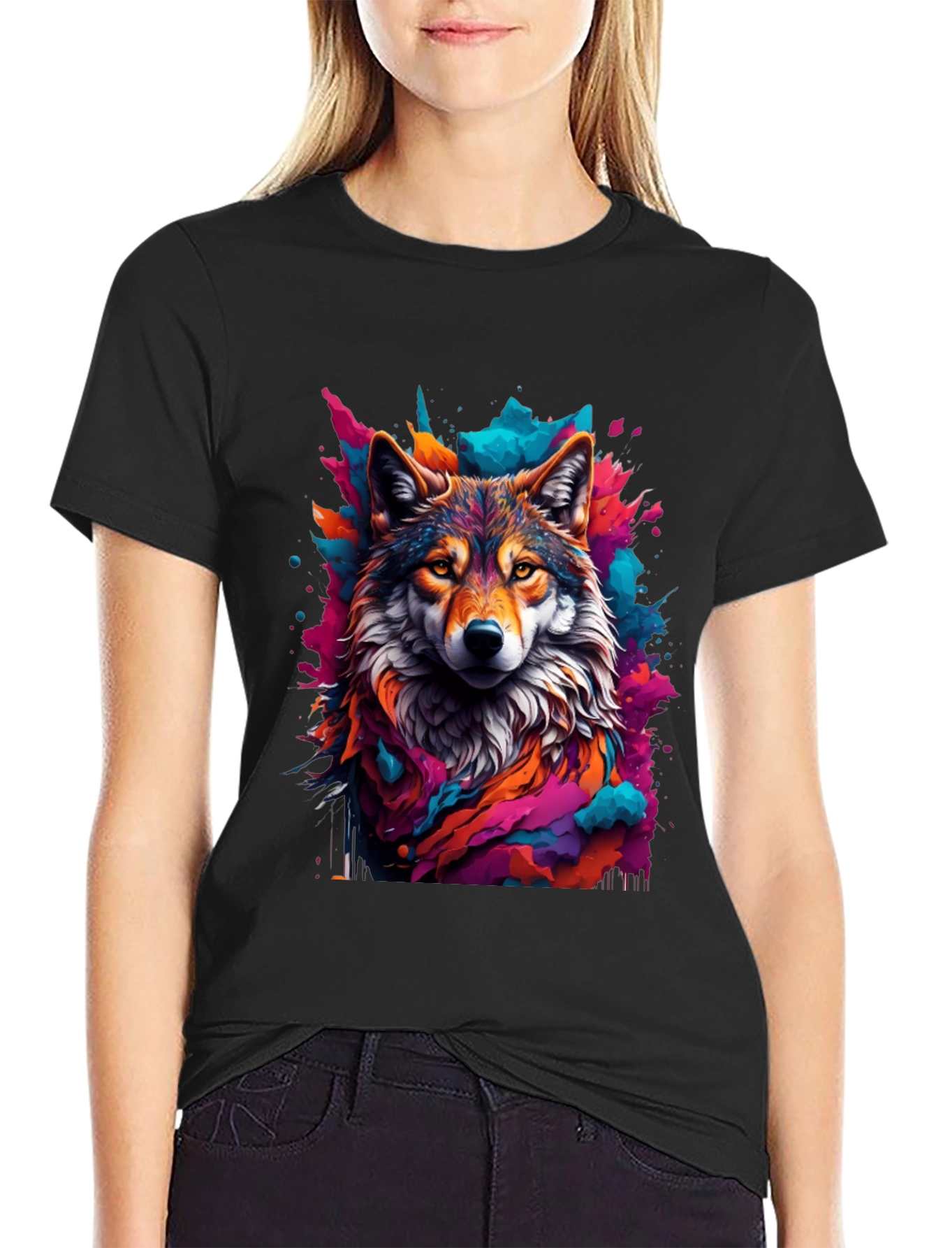 Wolf Art Graphic Black Tee - Vibrant Mens T-Shirt