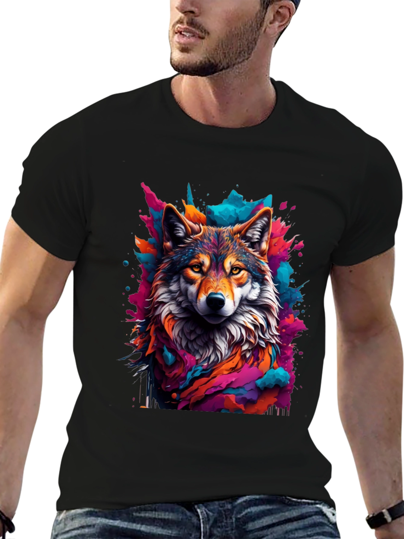 Wolf Art Graphic Black Tee - Vibrant Mens T-Shirt