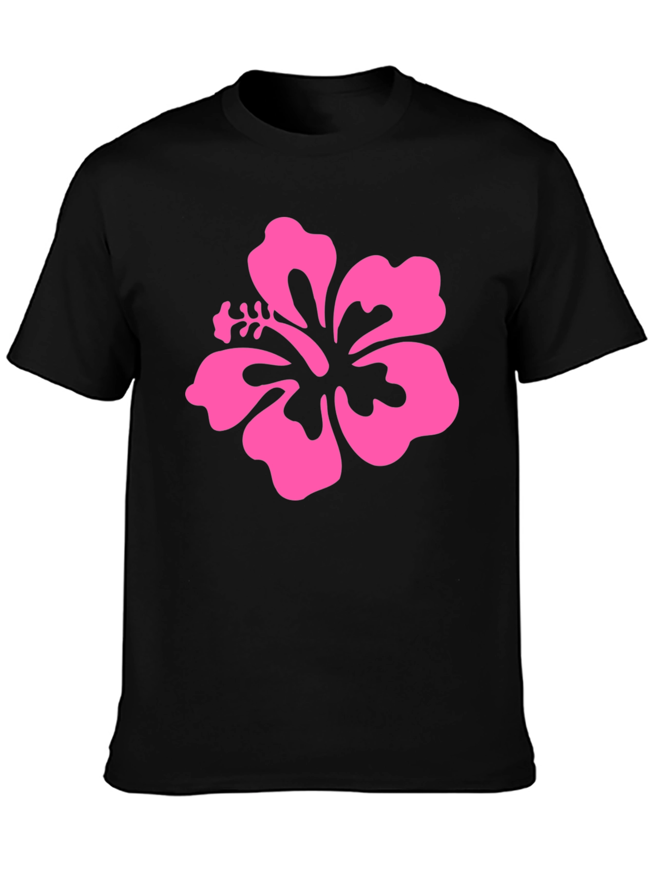 Pink Hibiscus Flower Black T-Shirt