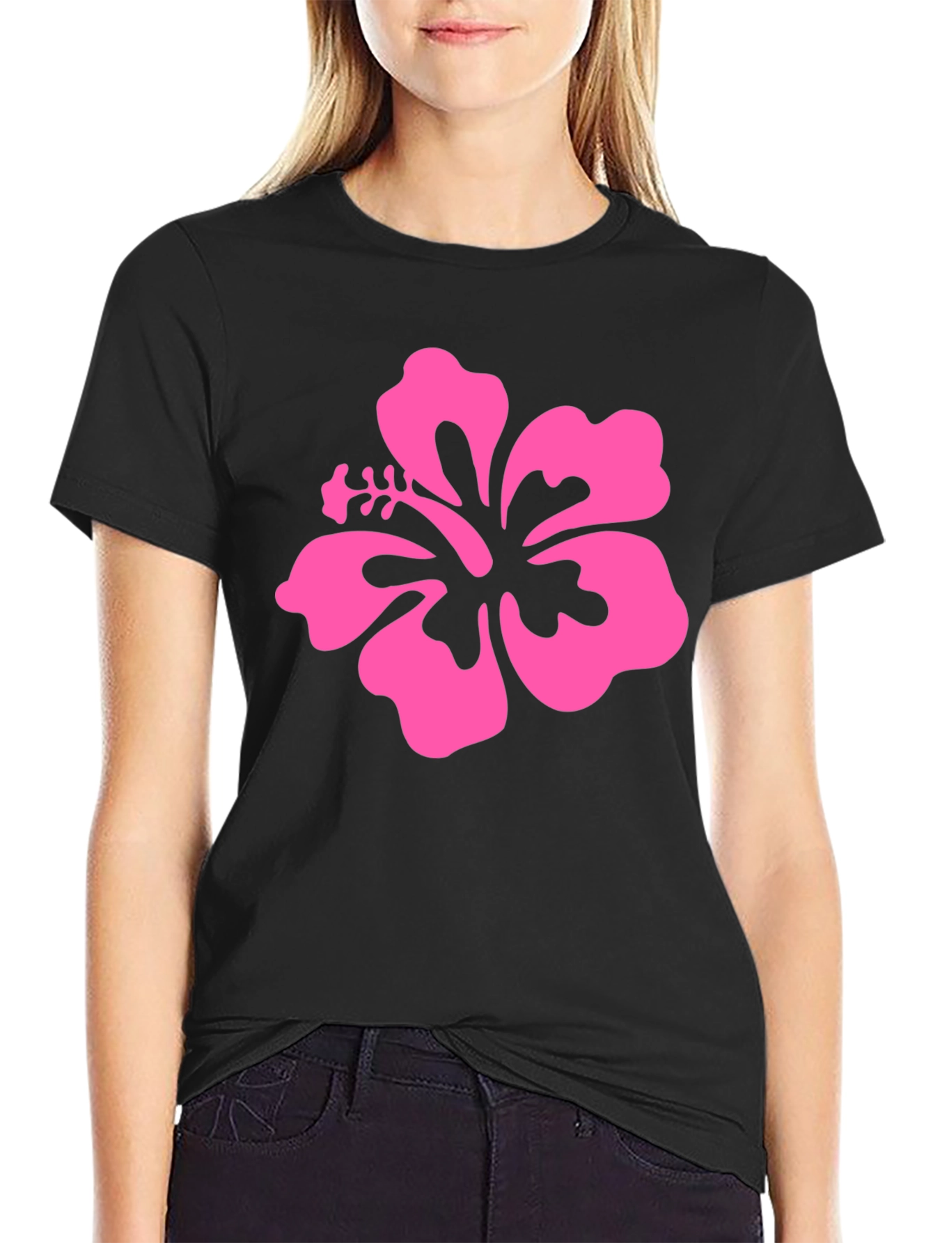 Pink Hibiscus Flower Black T-Shirt
