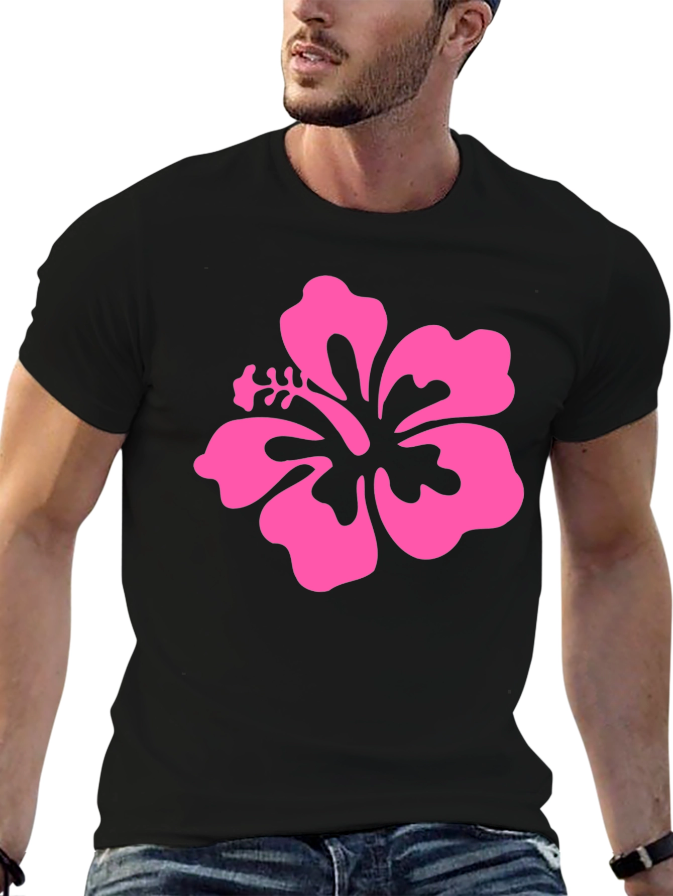 Pink Hibiscus Flower Black T-Shirt
