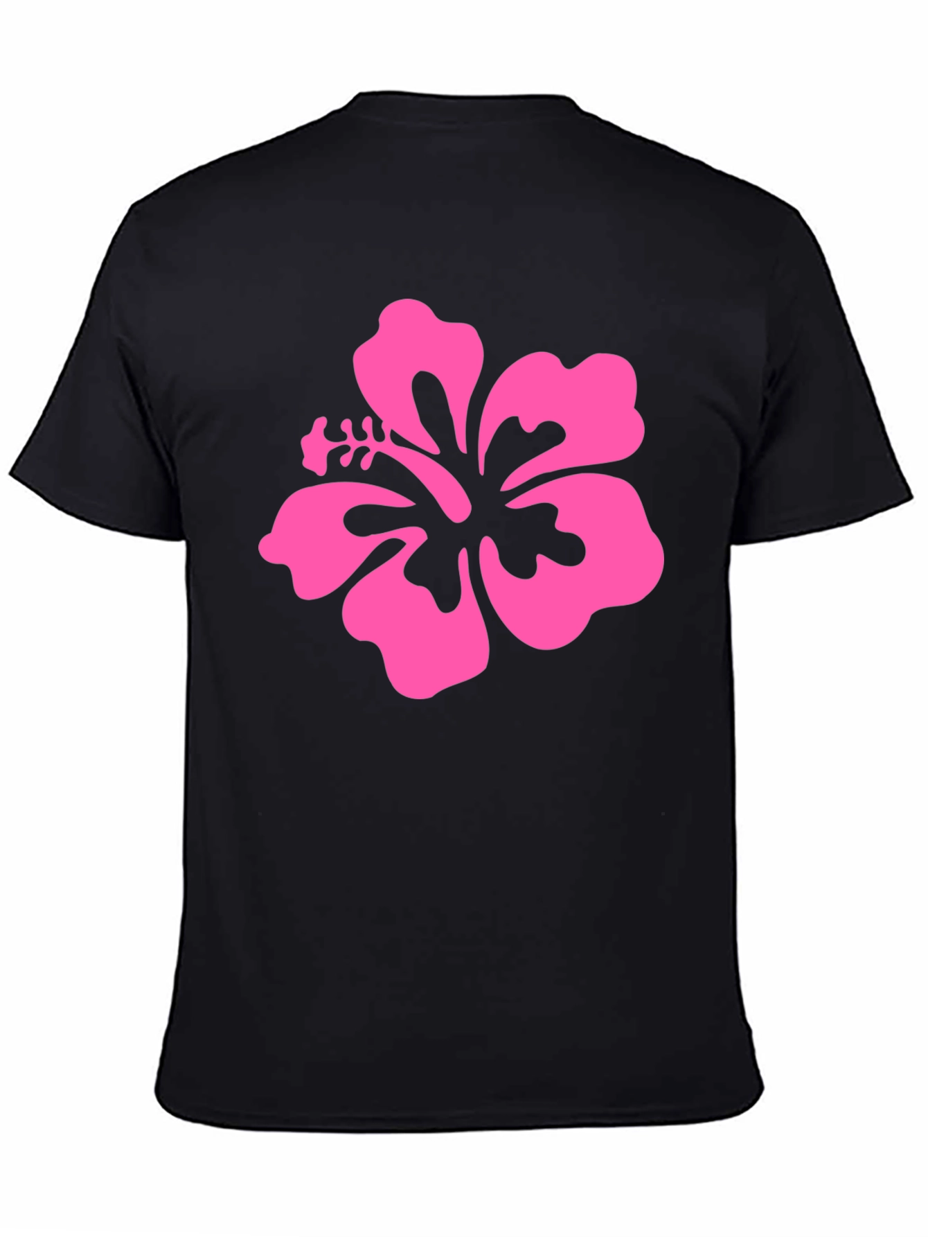 Pink Hibiscus Flower Black T-Shirt