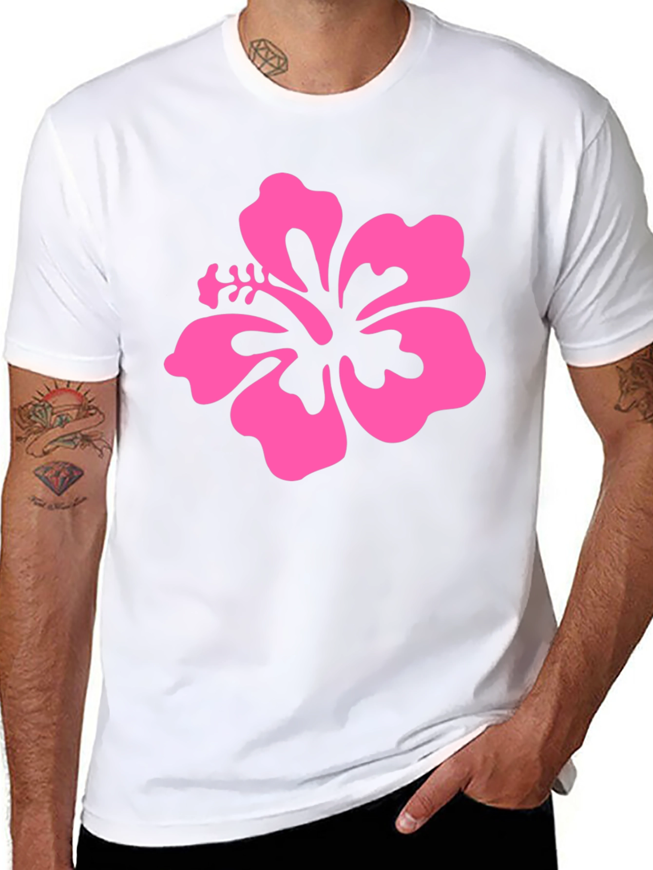 Pink Hibiscus Flower Black T-Shirt