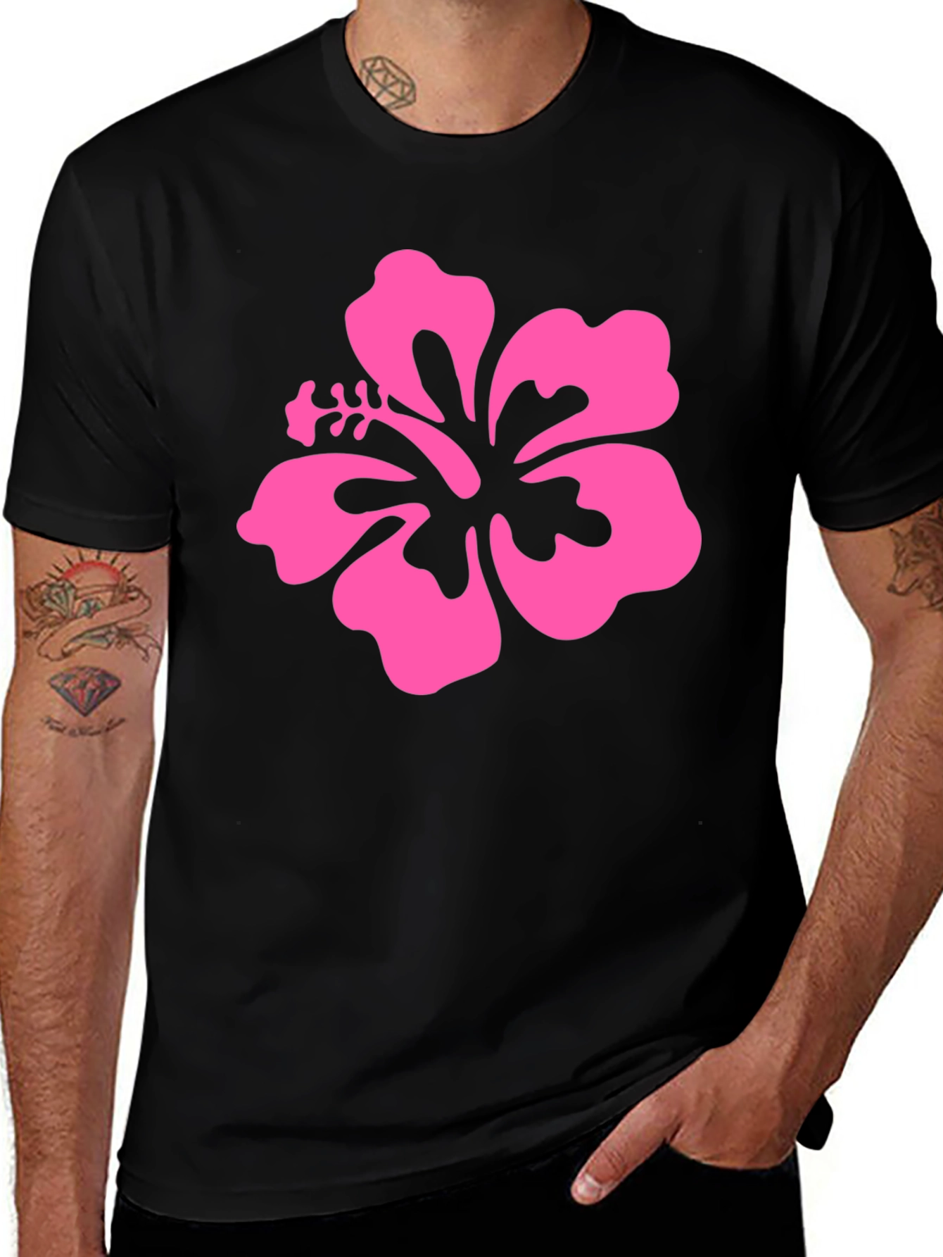 Pink Hibiscus Flower Black T-Shirt