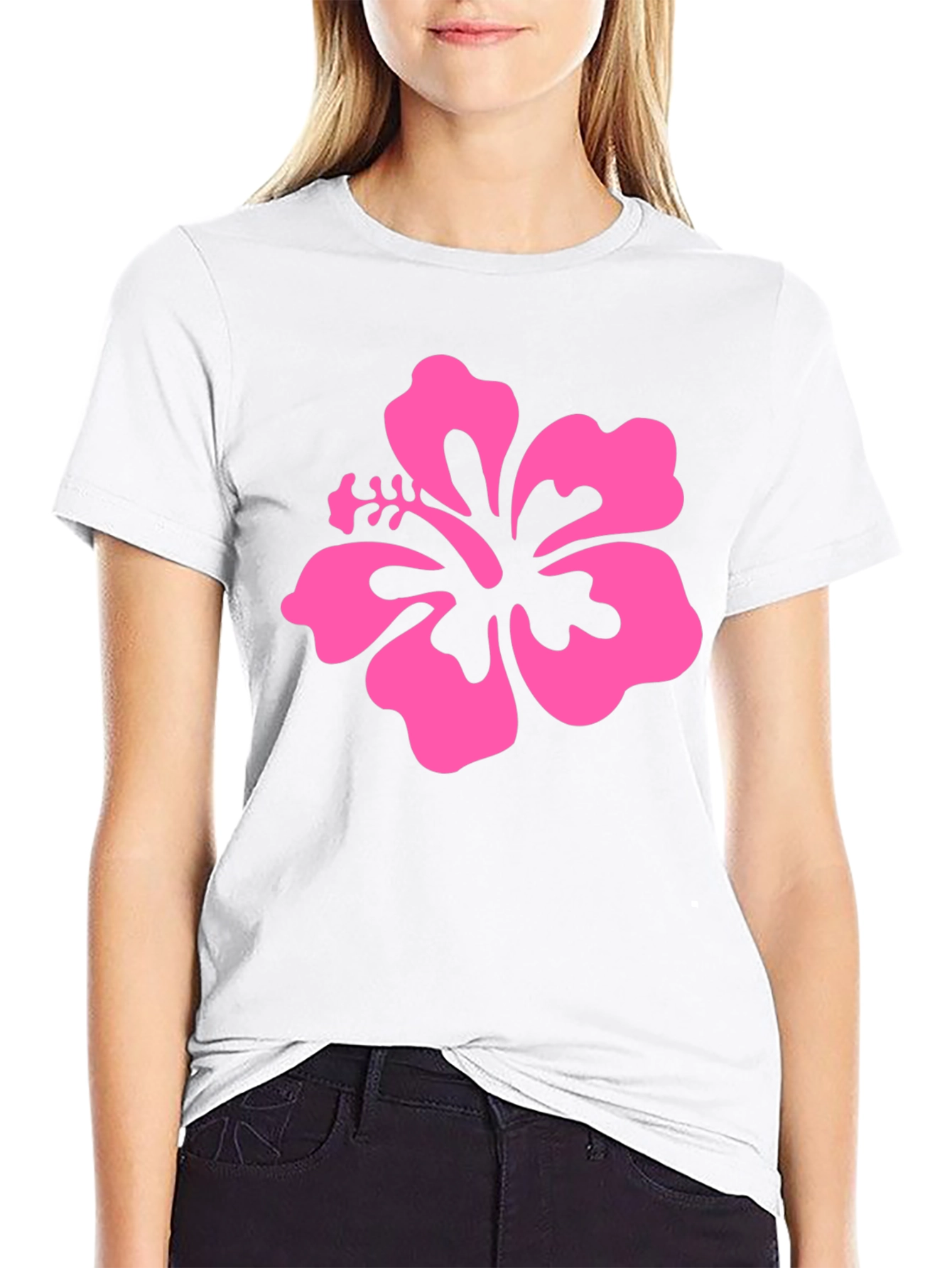 Pink Hibiscus Flower Black T-Shirt