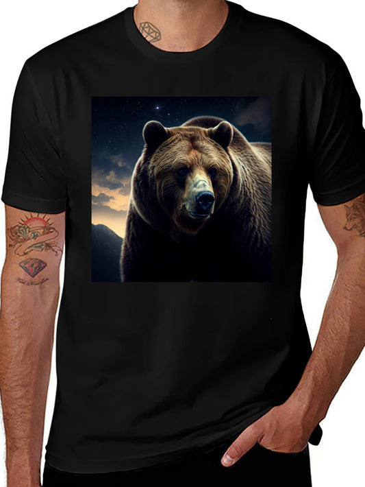 Bear Portrait Graphic Tee - Black Cotton Casual Shirt