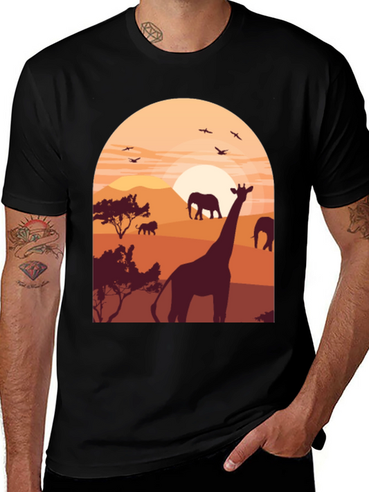 Safari Sunset Graphic Tee - Wildlife Giraffe Elephant T-Shirt