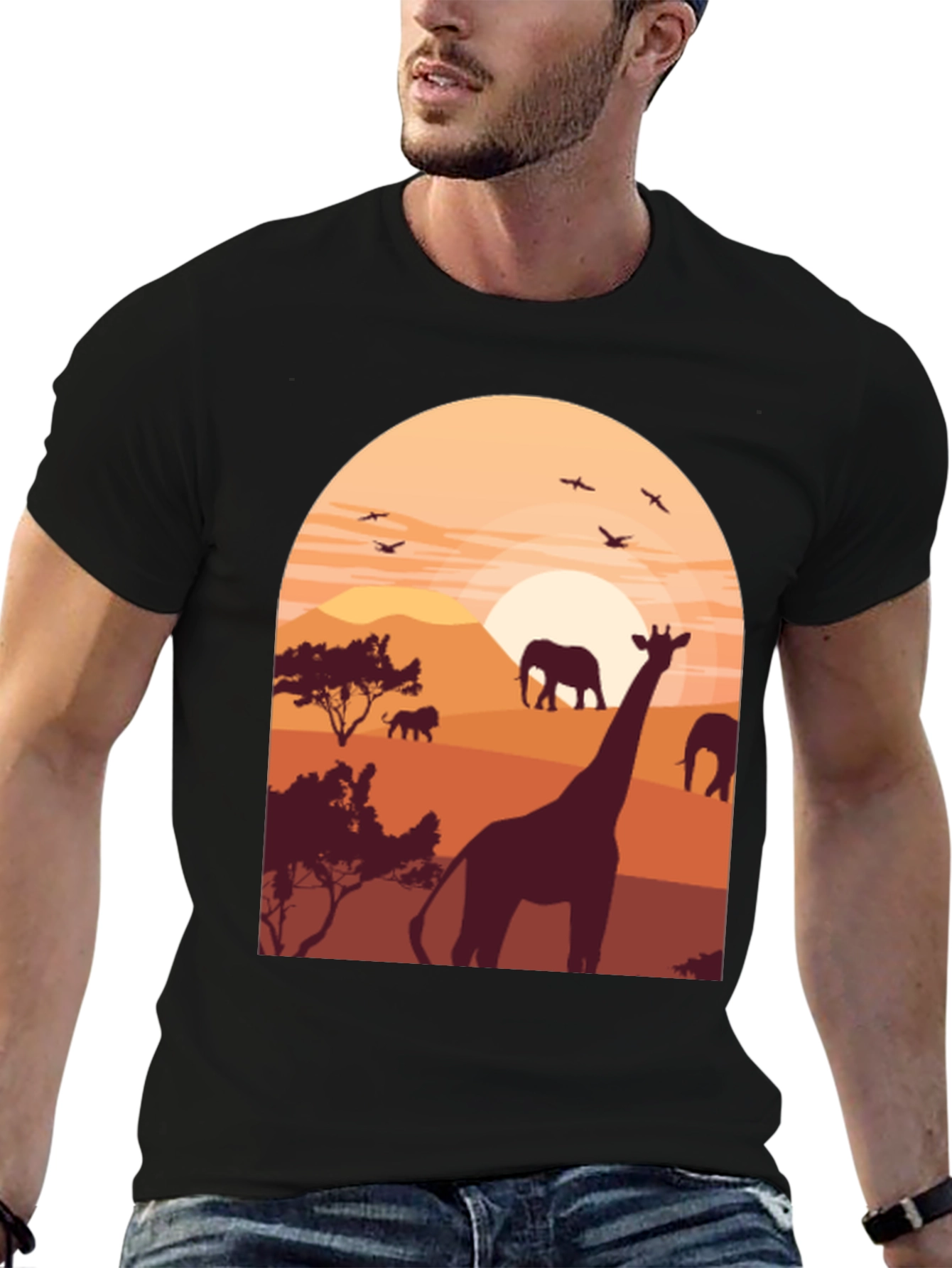 Safari Sunset Graphic Tee - Wildlife Giraffe Elephant T-Shirt