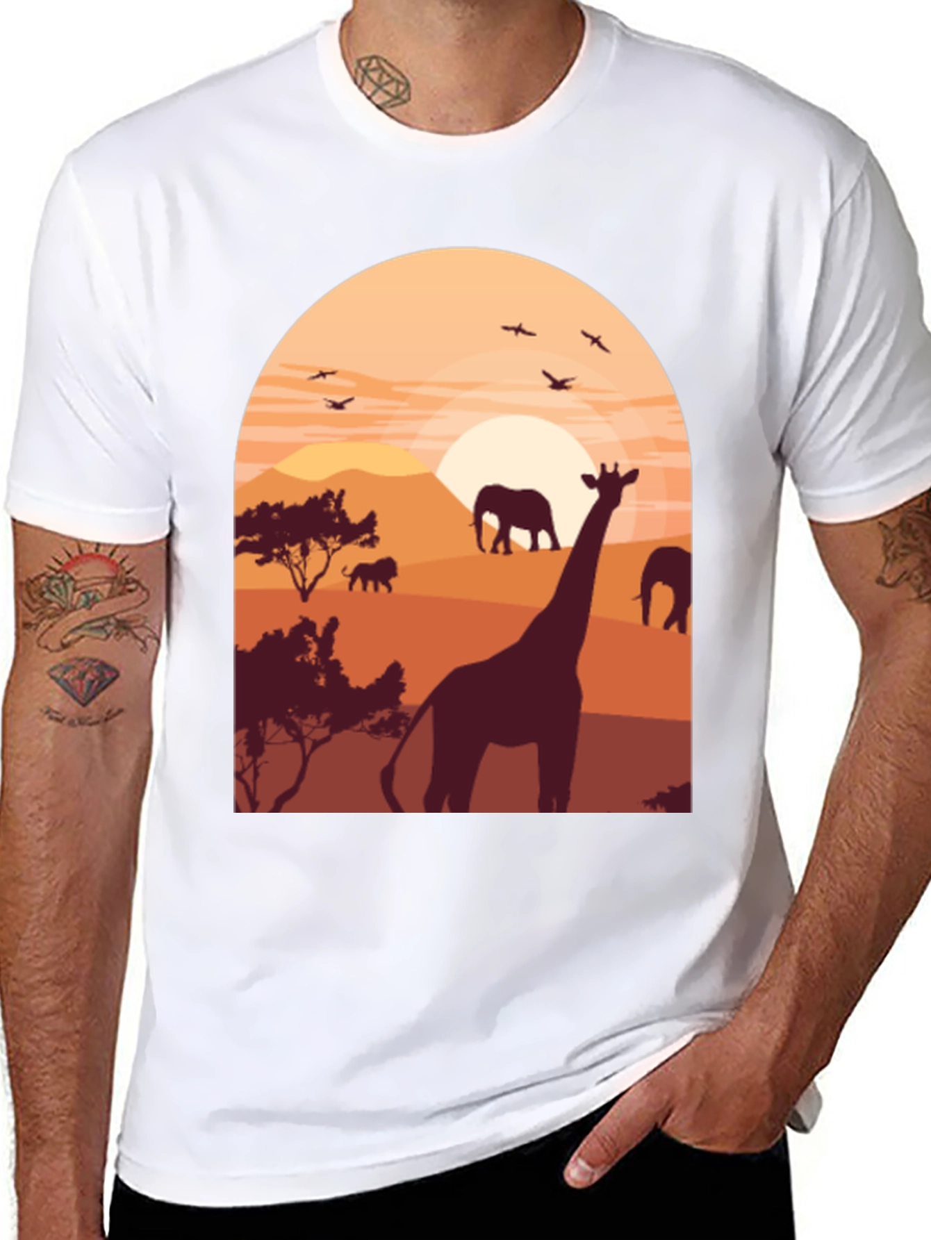 Safari Sunset Graphic Tee - Wildlife Giraffe Elephant T-Shirt