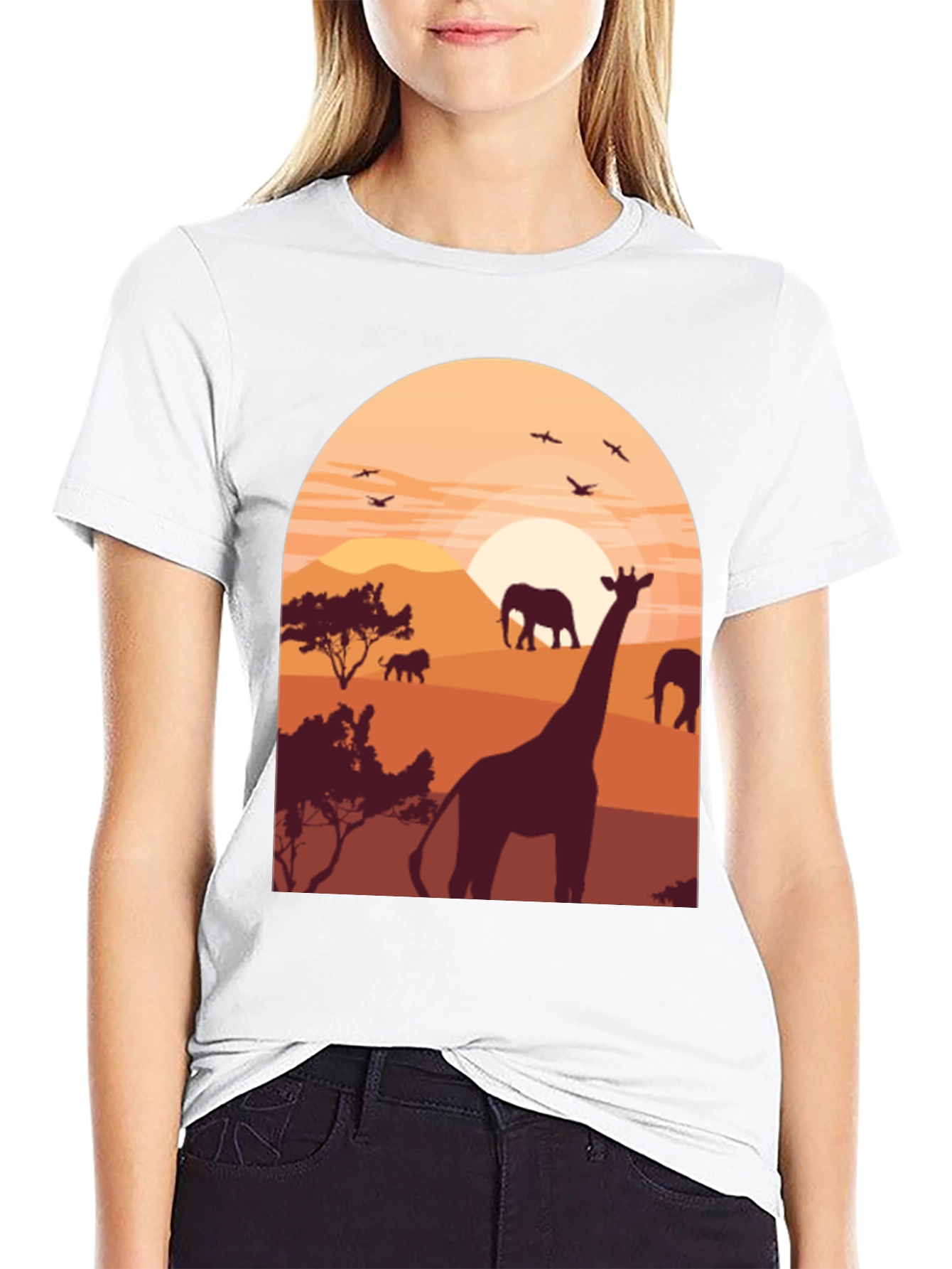Safari Sunset Graphic Tee - Wildlife Giraffe Elephant T-Shirt