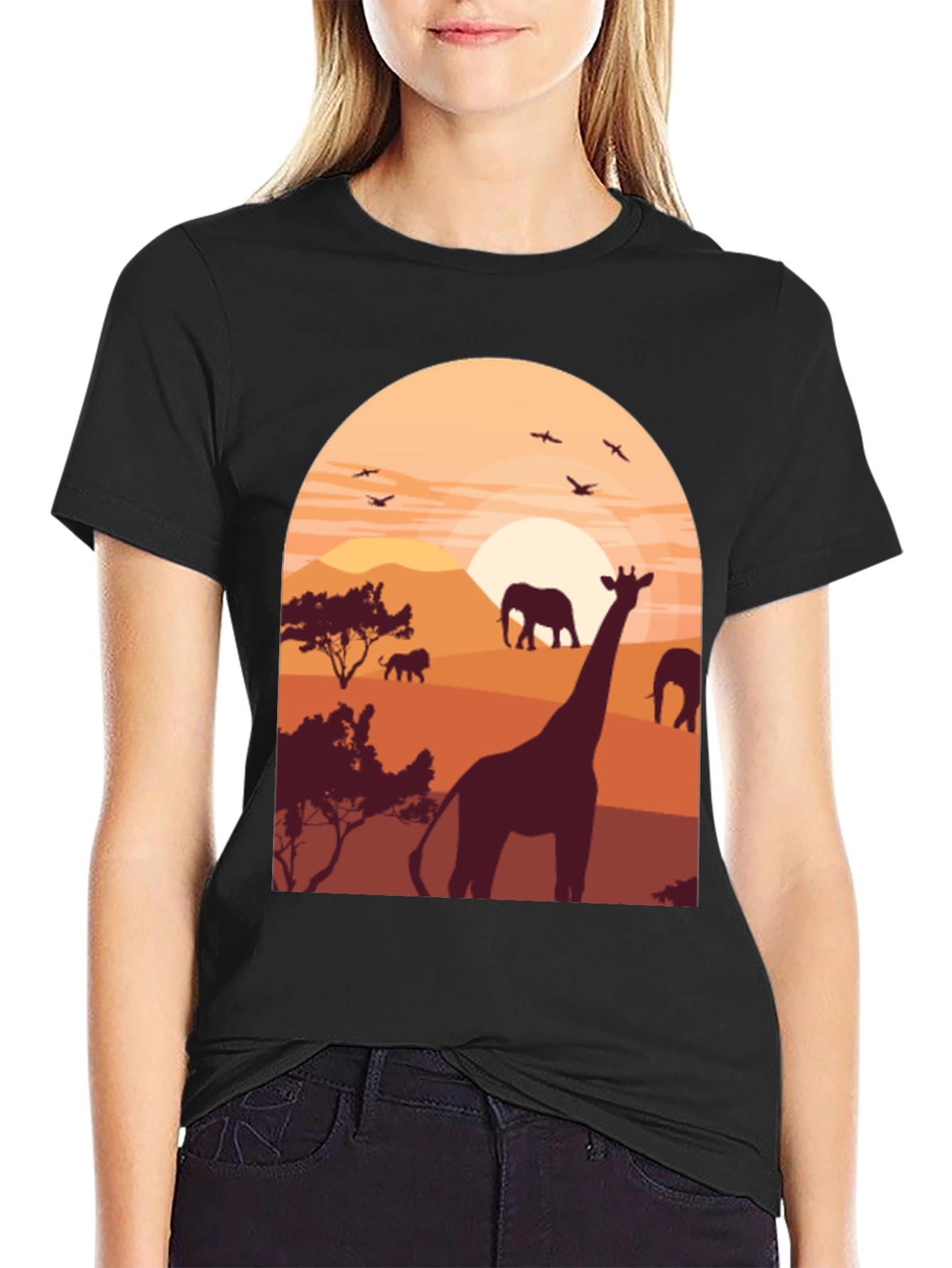Safari Sunset Graphic Tee - Wildlife Giraffe Elephant T-Shirt