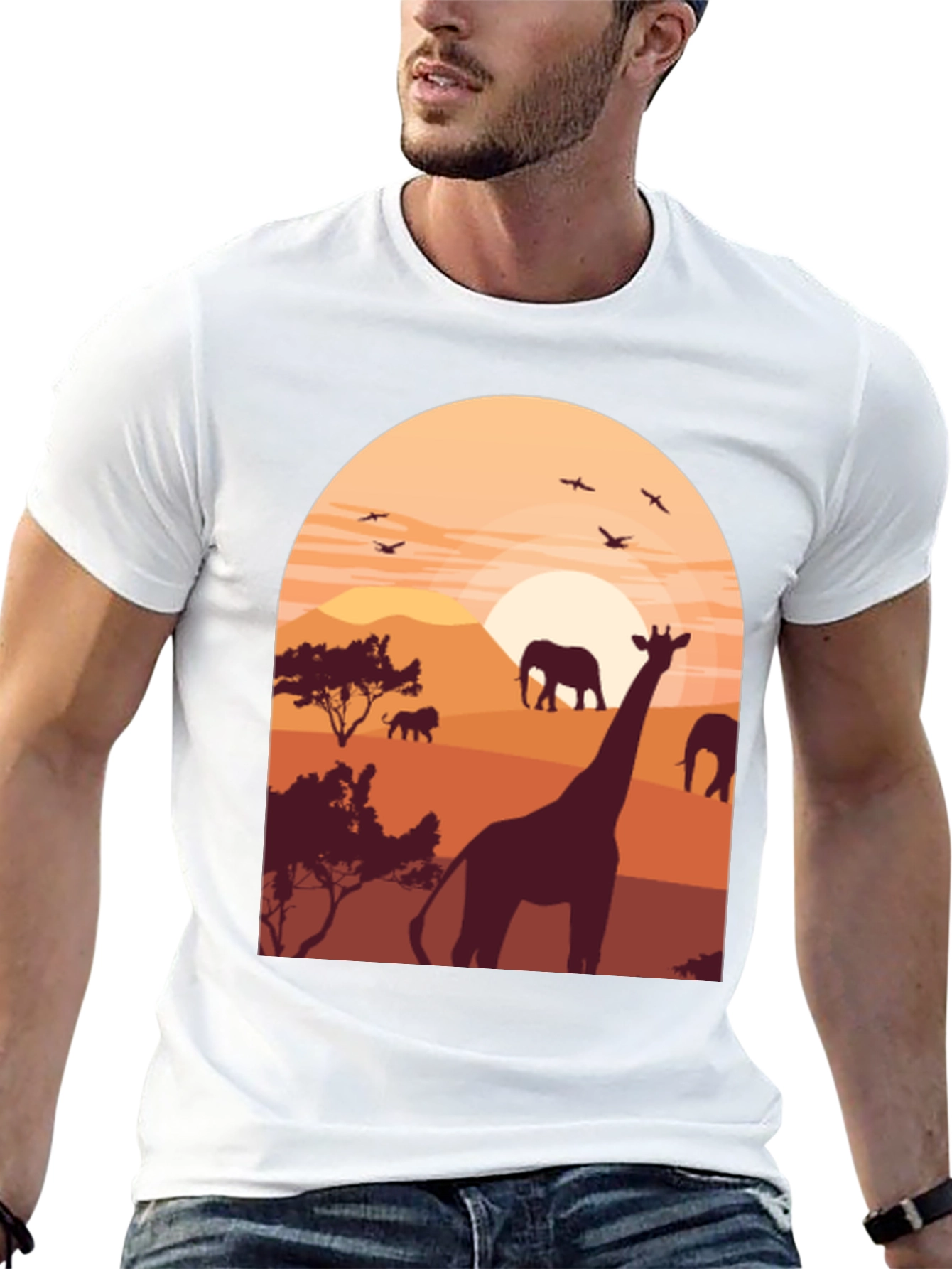 Safari Sunset Graphic Tee - Wildlife Giraffe Elephant T-Shirt