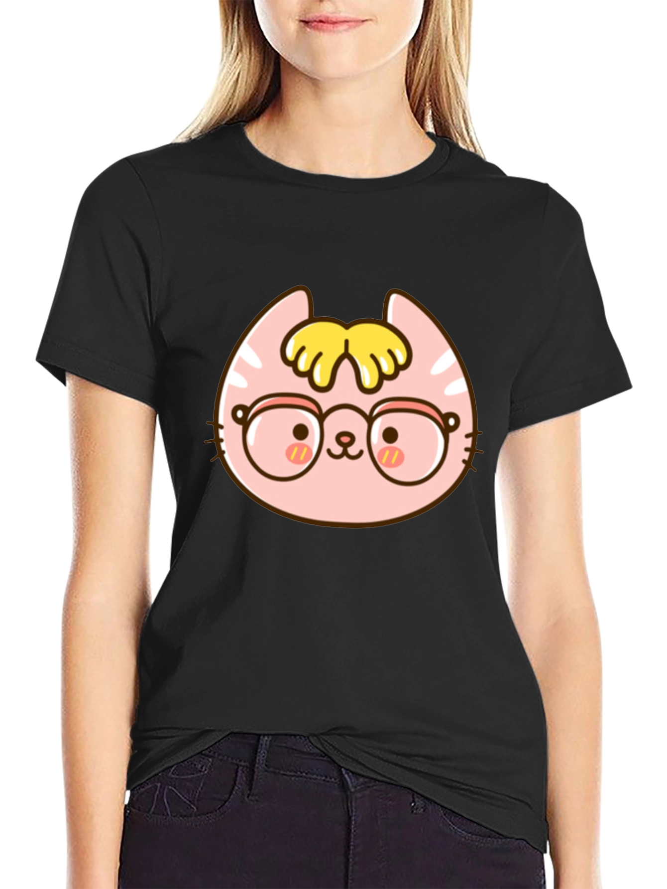 Cute Cartoon Cat with Glasses Black T-Shirt