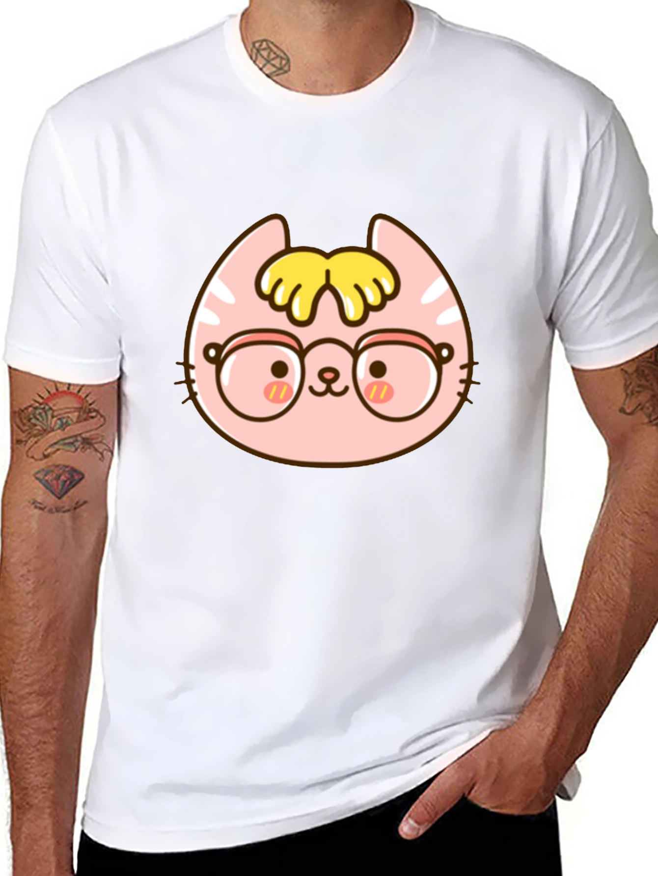 Cute Cartoon Cat with Glasses Black T-Shirt