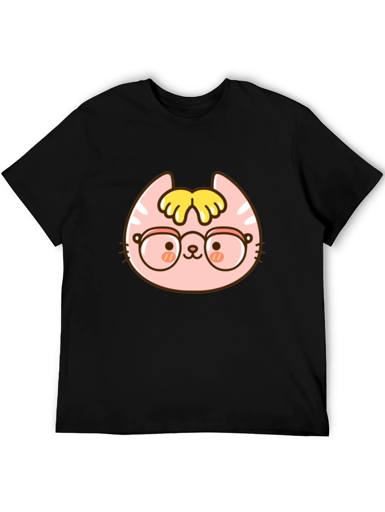 Cute Cartoon Cat with Glasses Black T-Shirt