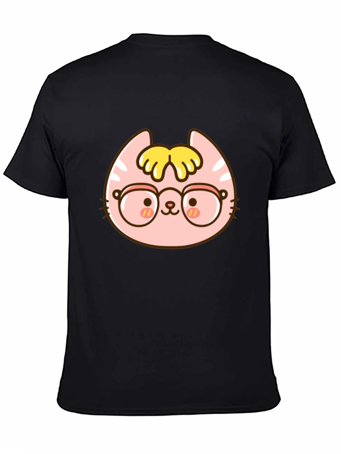 Cute Cartoon Cat with Glasses Black T-Shirt