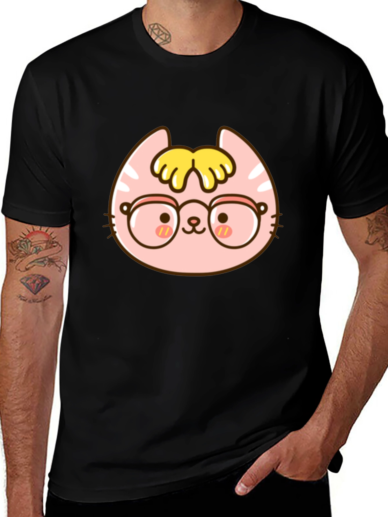 Cute Cartoon Cat with Glasses Black T-Shirt