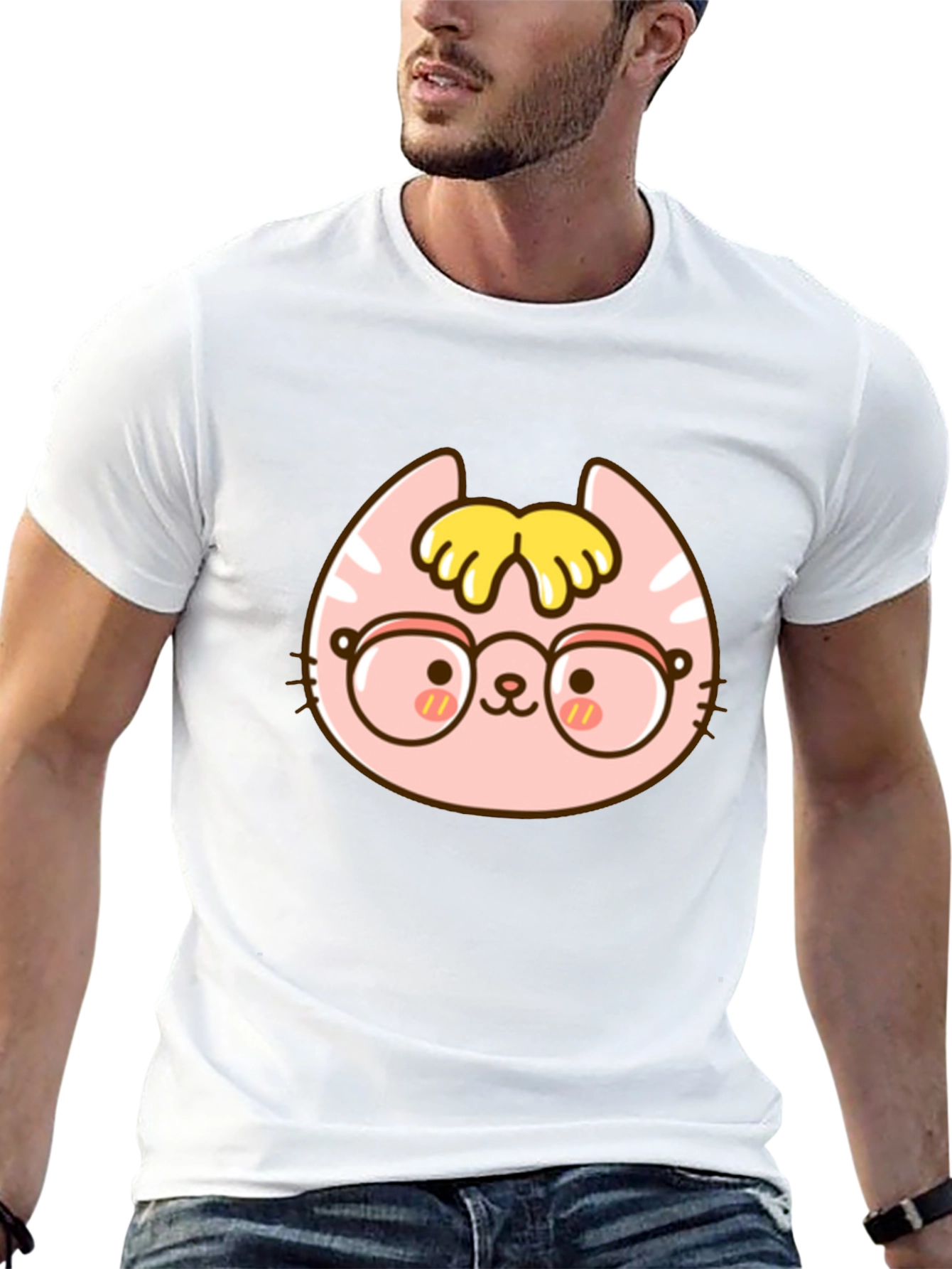 Cute Cartoon Cat with Glasses Black T-Shirt