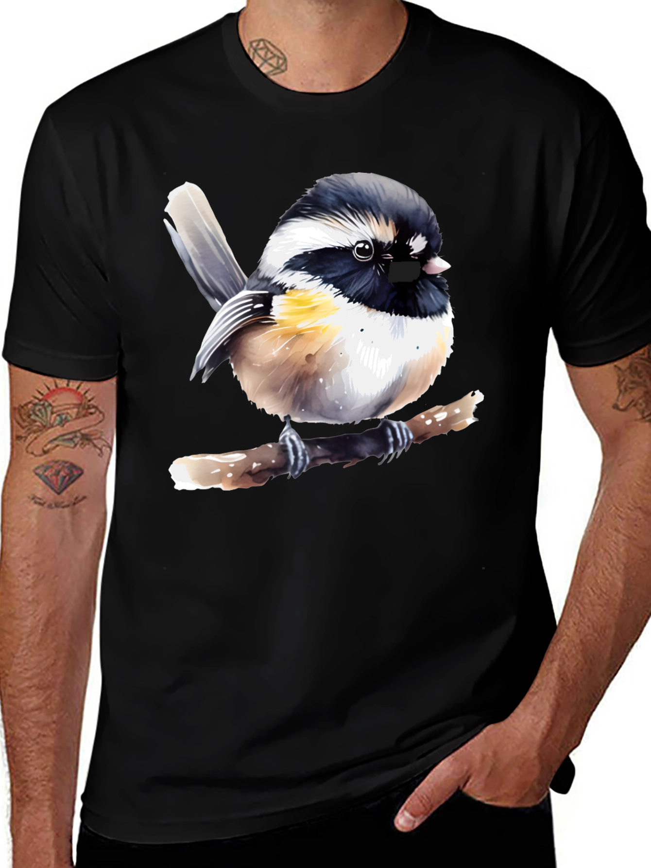 Chickadee Bird Graphic Black T-Shirt