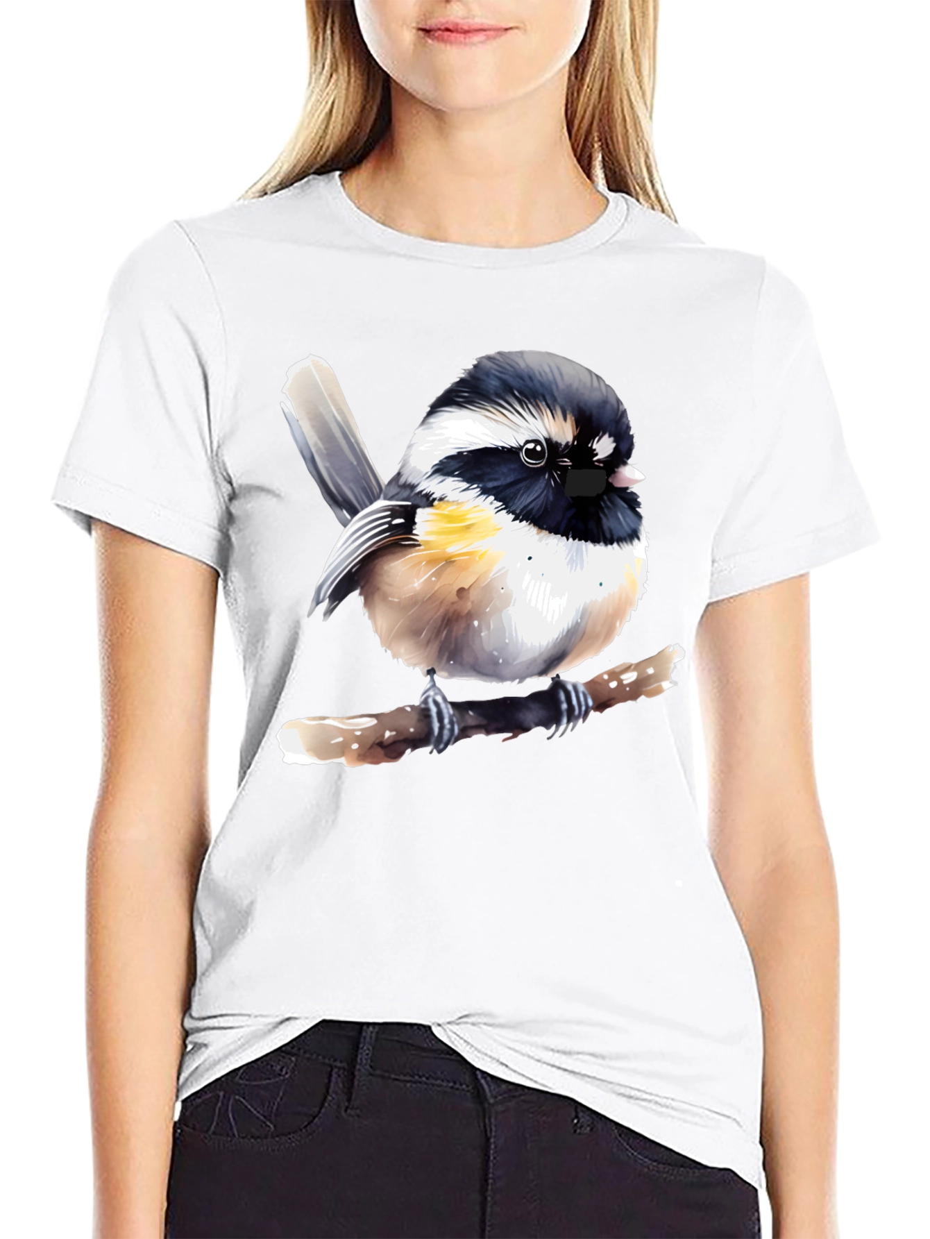 Chickadee Bird Graphic Black T-Shirt