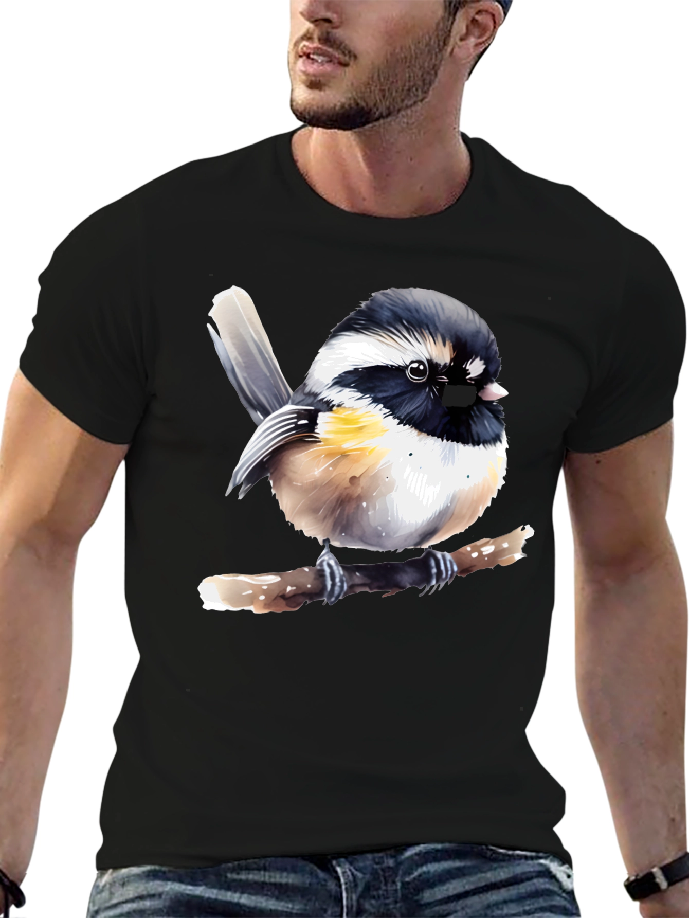 Chickadee Bird Graphic Black T-Shirt