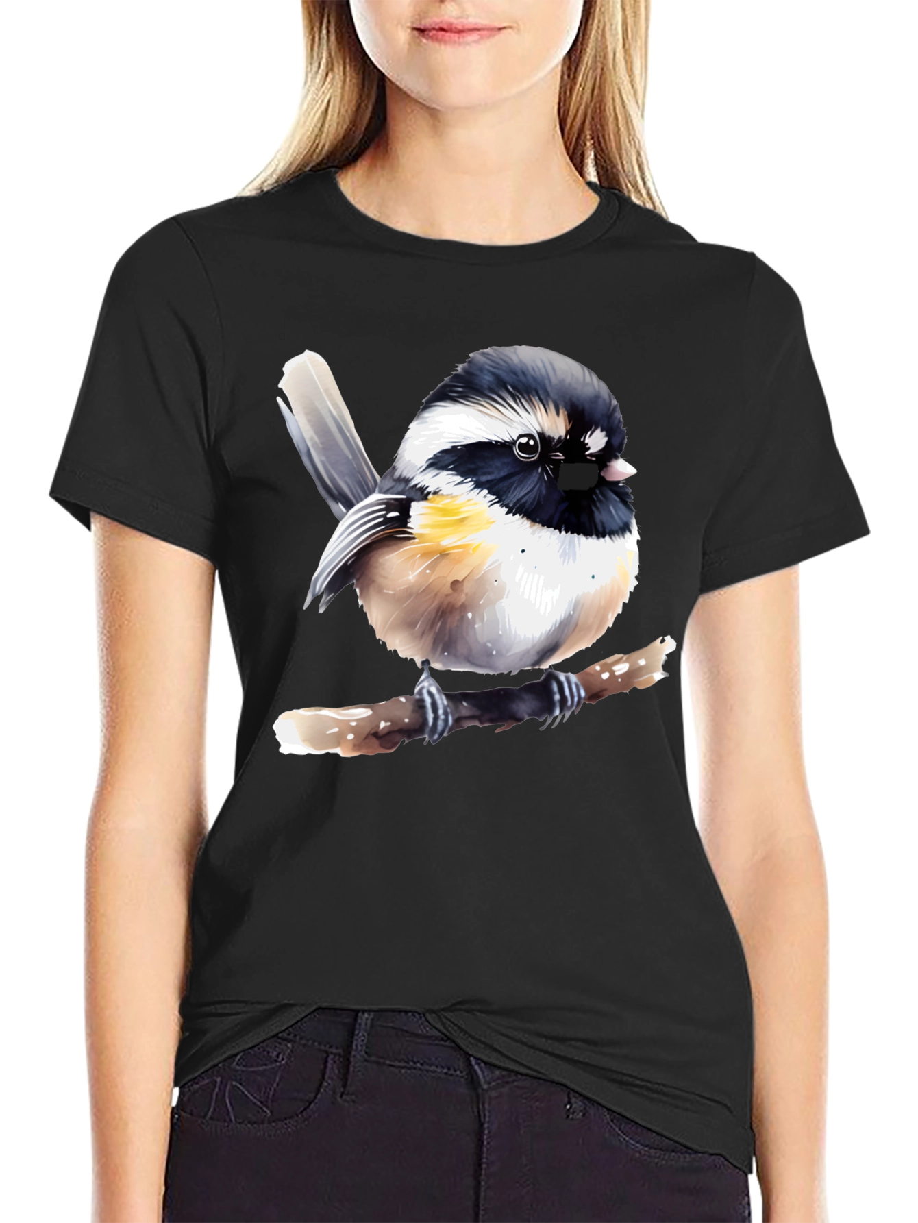 Chickadee Bird Graphic Black T-Shirt