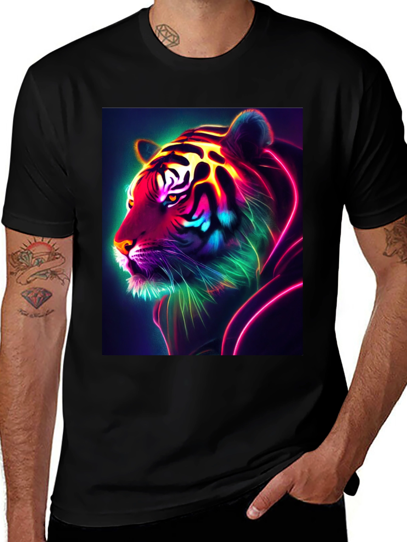 Neon Tiger Graphic Tee - Bold Black Shirt