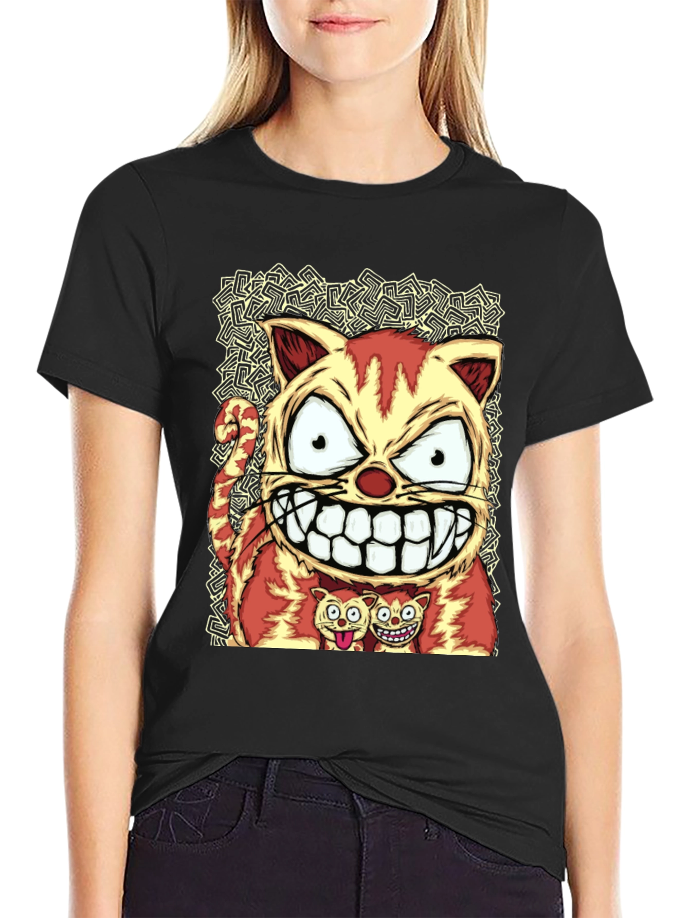 Cartoon Cat Graphic Tee - Black Cotton Blend