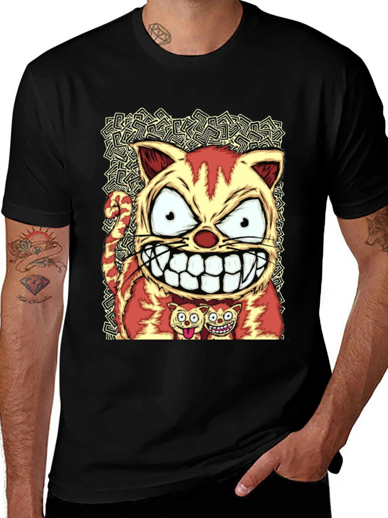 Cartoon Cat Graphic Tee - Black Cotton Blend