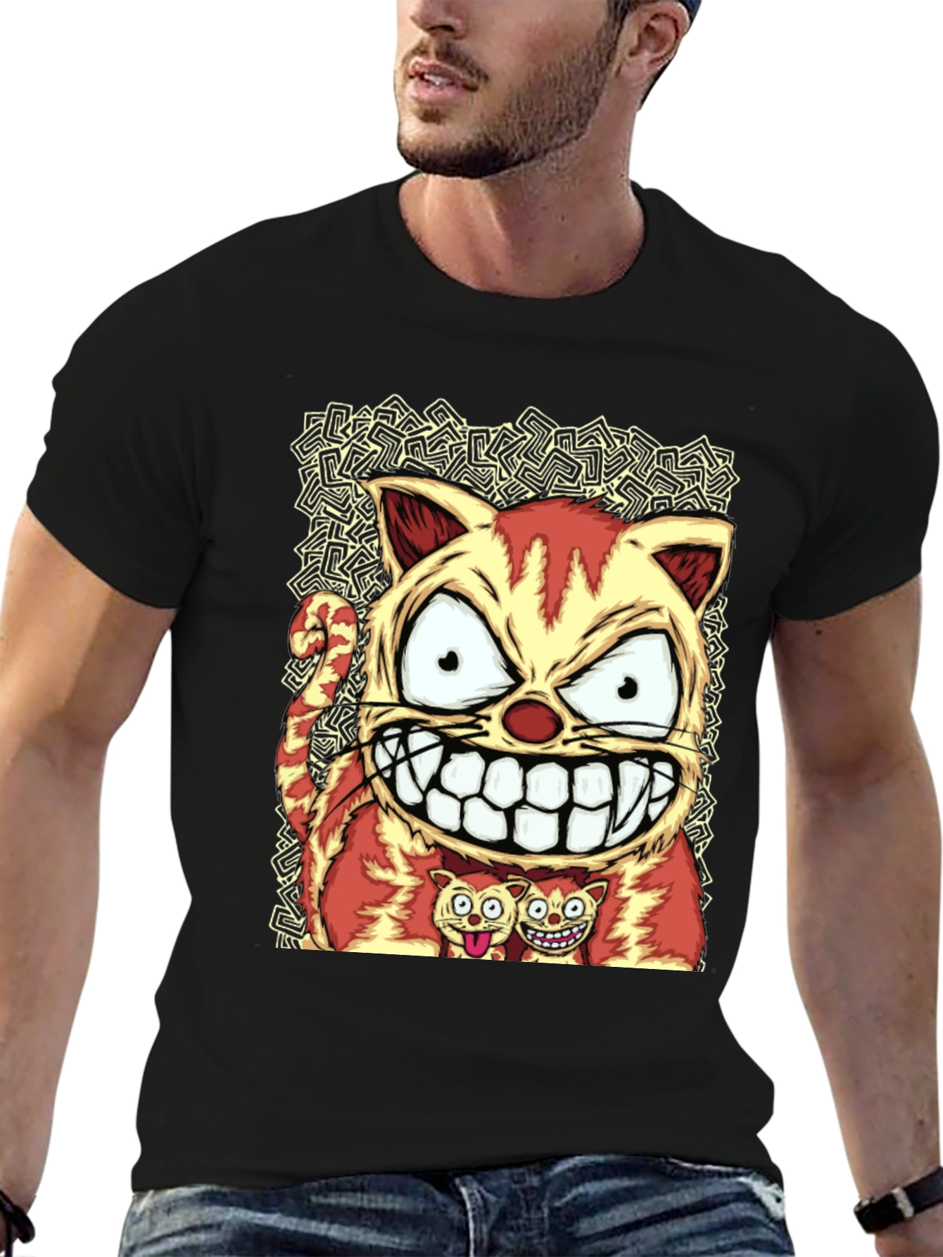 Cartoon Cat Graphic Tee - Black Cotton Blend
