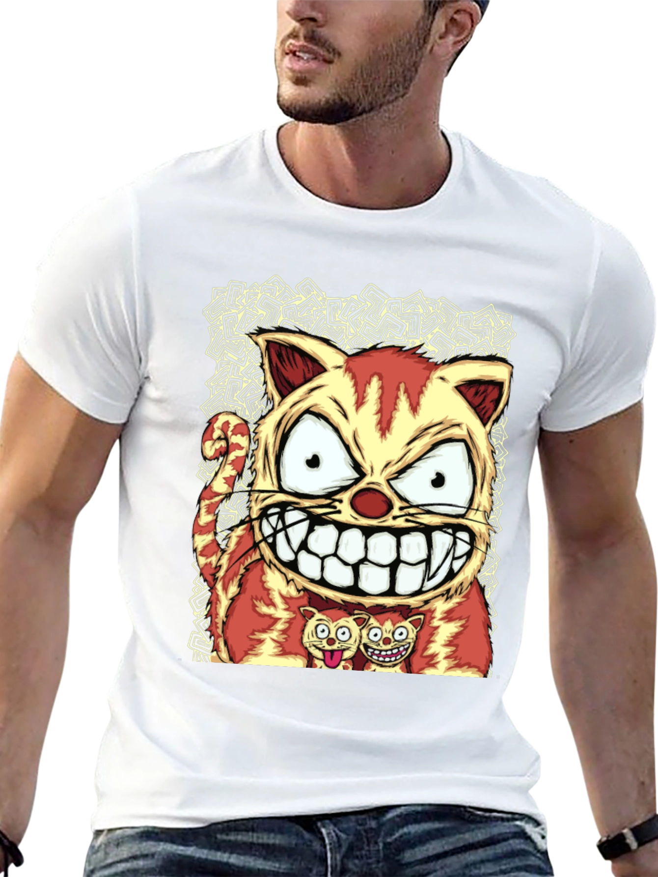 Cartoon Cat Graphic Tee - Black Cotton Blend