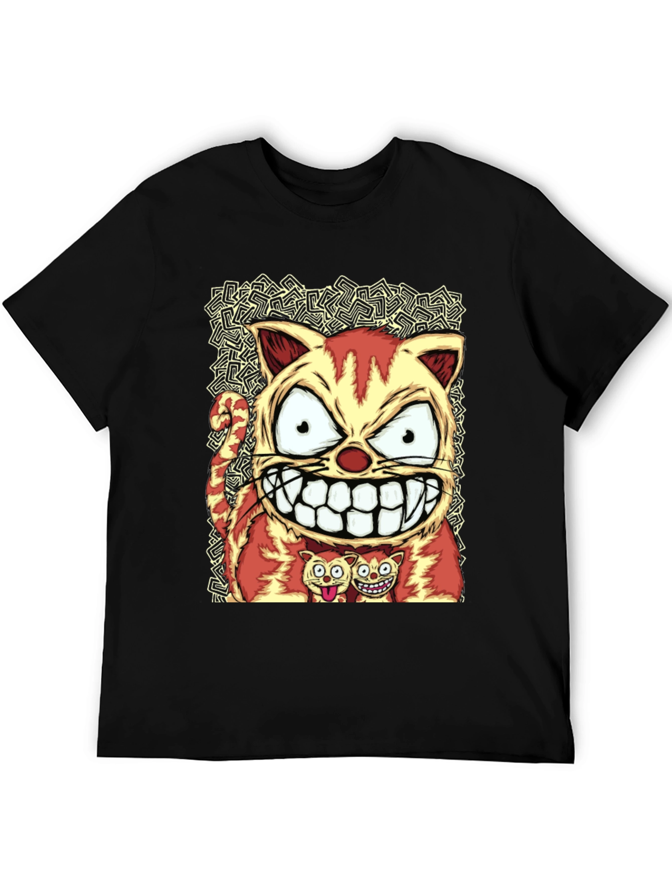 Cartoon Cat Graphic Tee - Black Cotton Blend