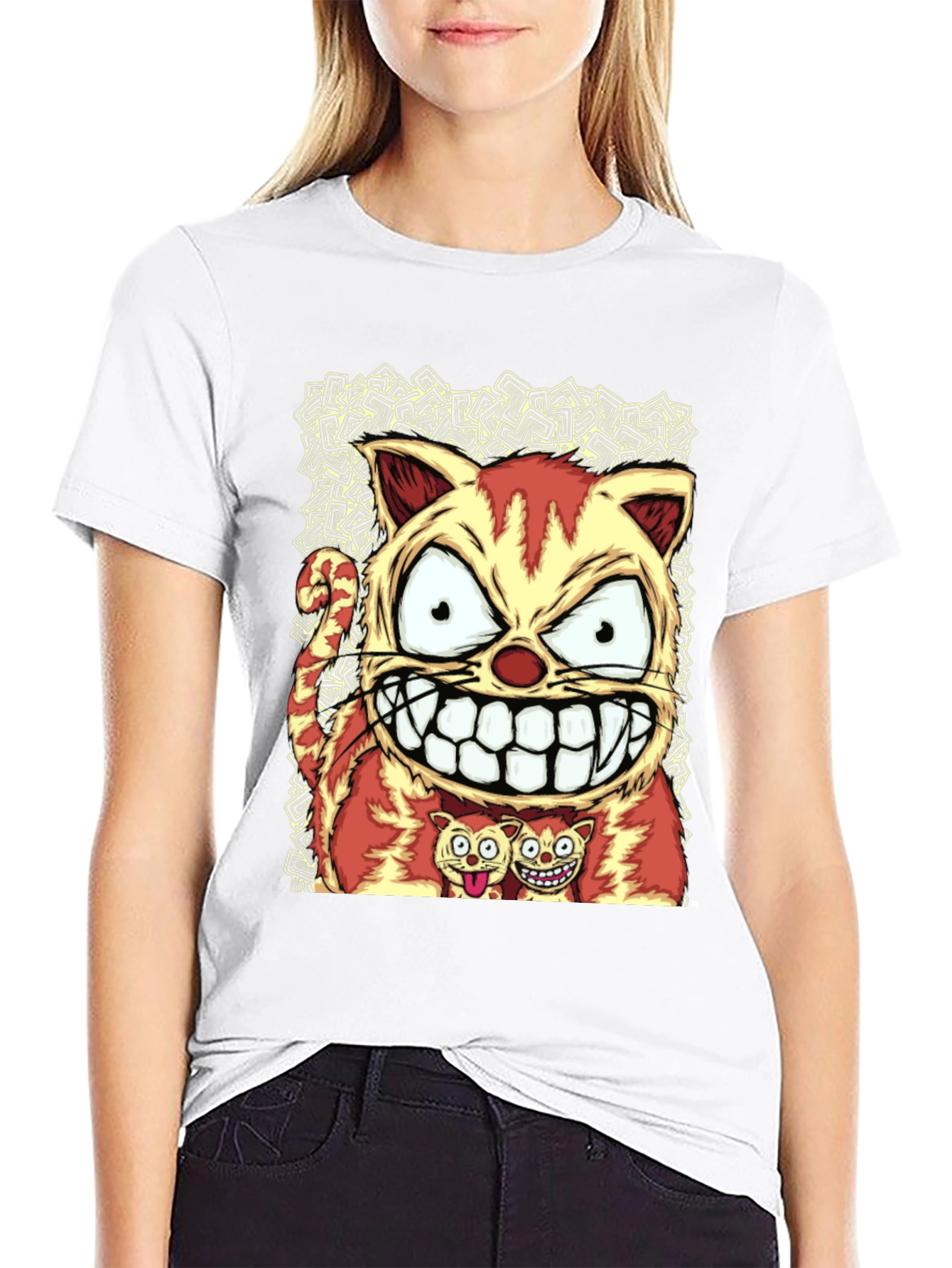 Cartoon Cat Graphic Tee - Black Cotton Blend