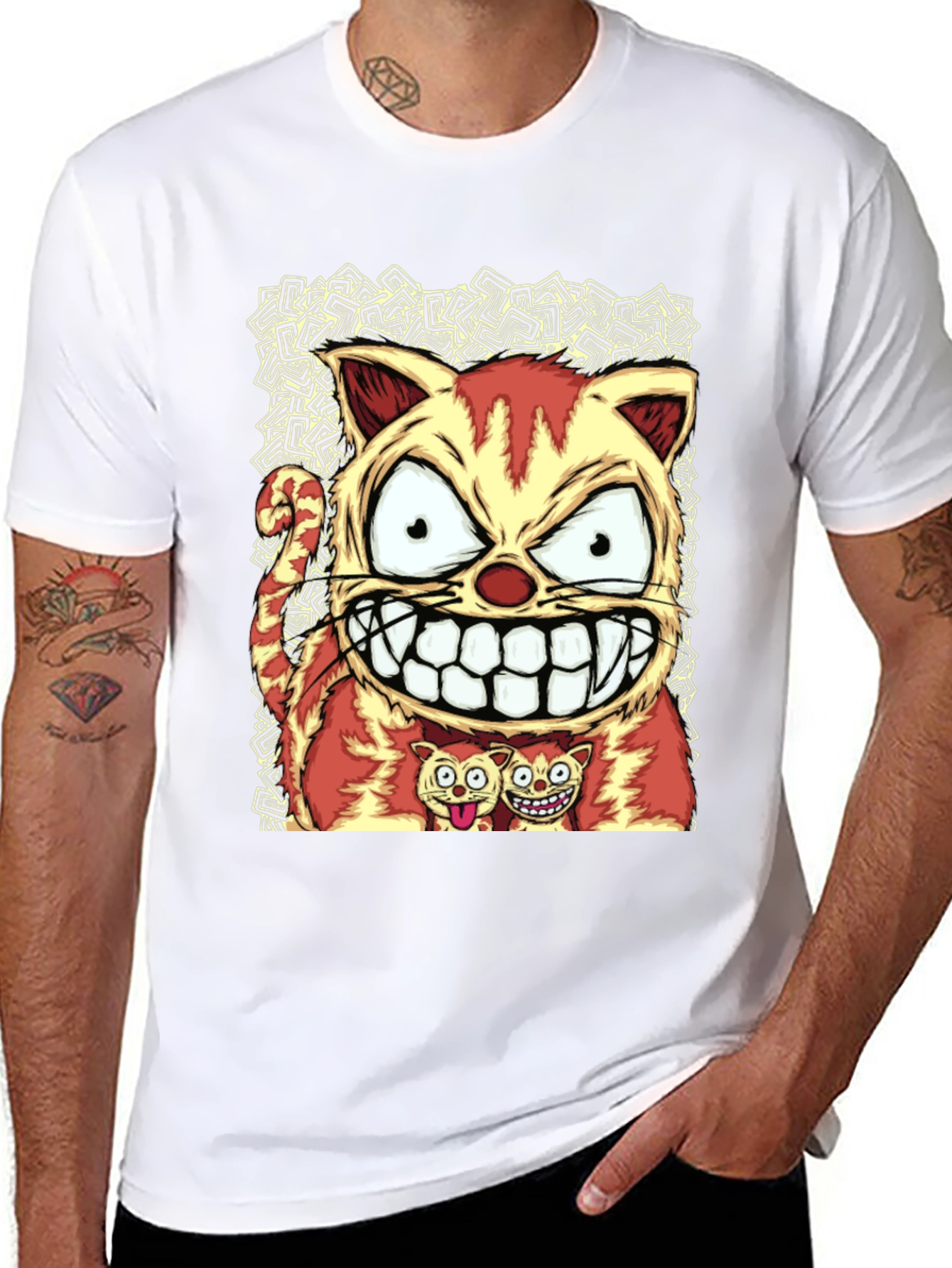 Cartoon Cat Graphic Tee - Black Cotton Blend