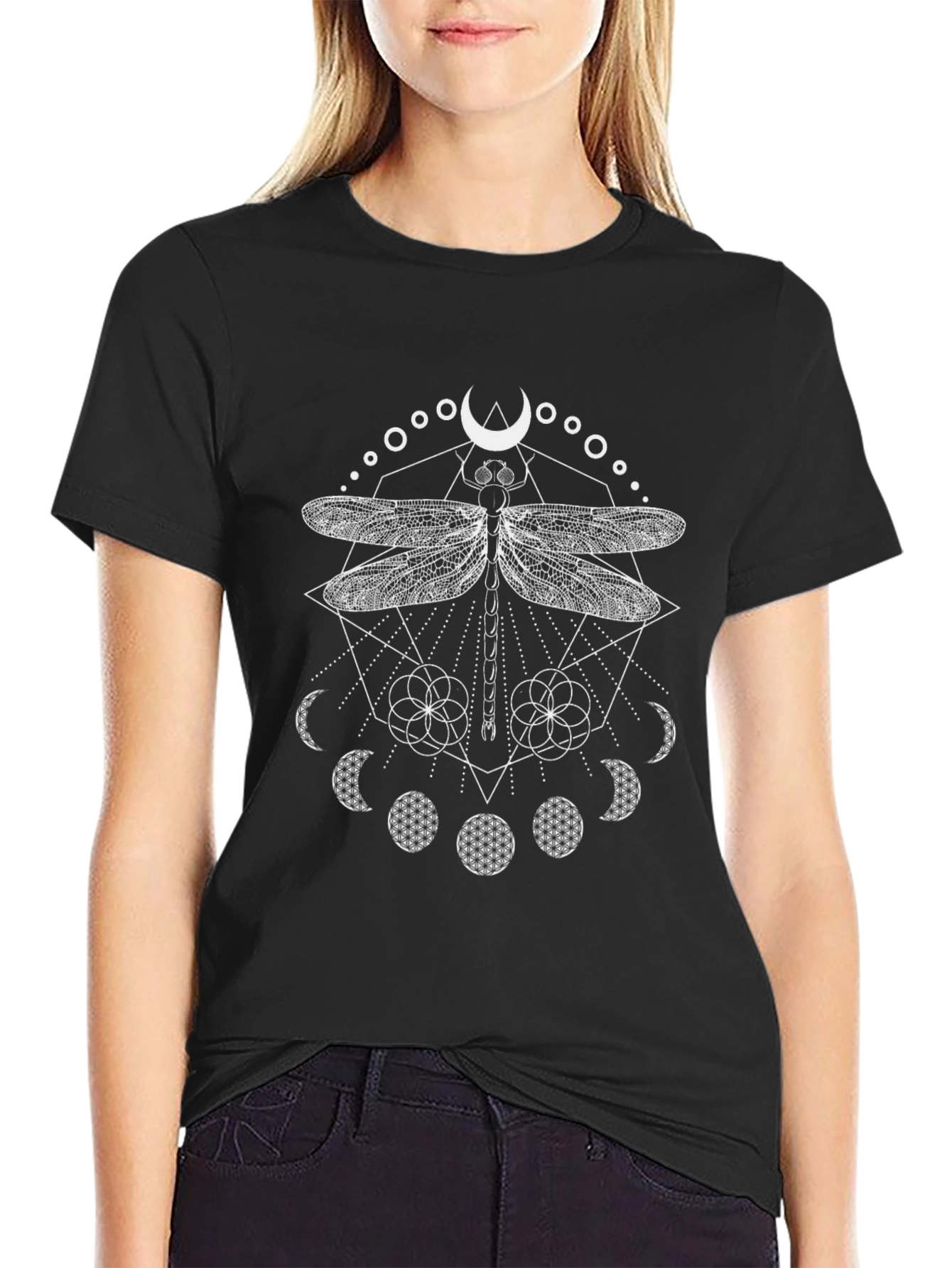 Dragonfly Moon Phase Graphic Tee - Black