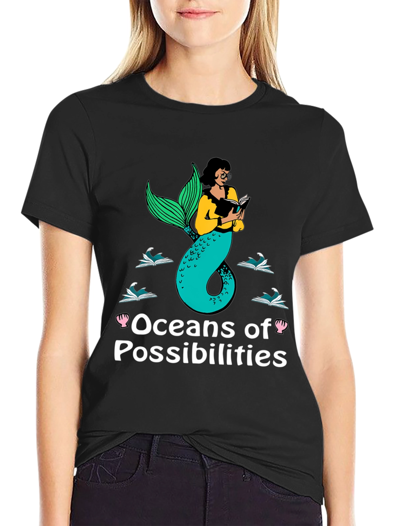 Oceans of Possibilities Reading Mermaid Black T-Shirt
