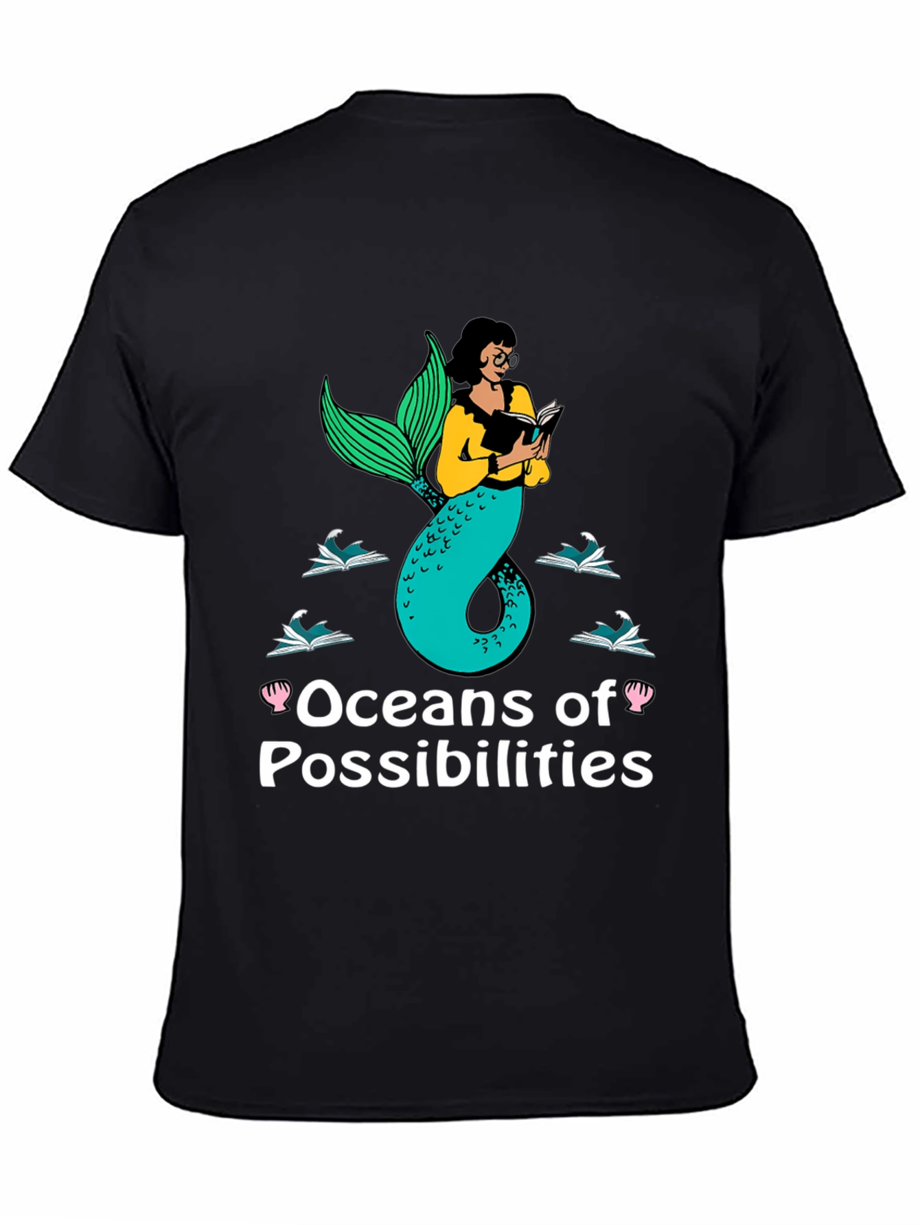 Oceans of Possibilities Reading Mermaid Black T-Shirt