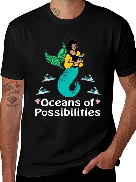 Oceans of Possibilities Reading Mermaid Black T-Shirt