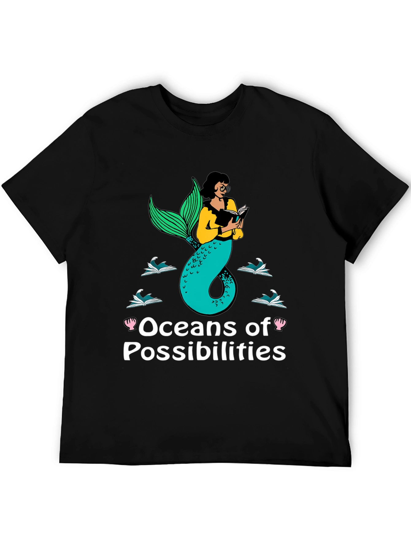Oceans of Possibilities Reading Mermaid Black T-Shirt