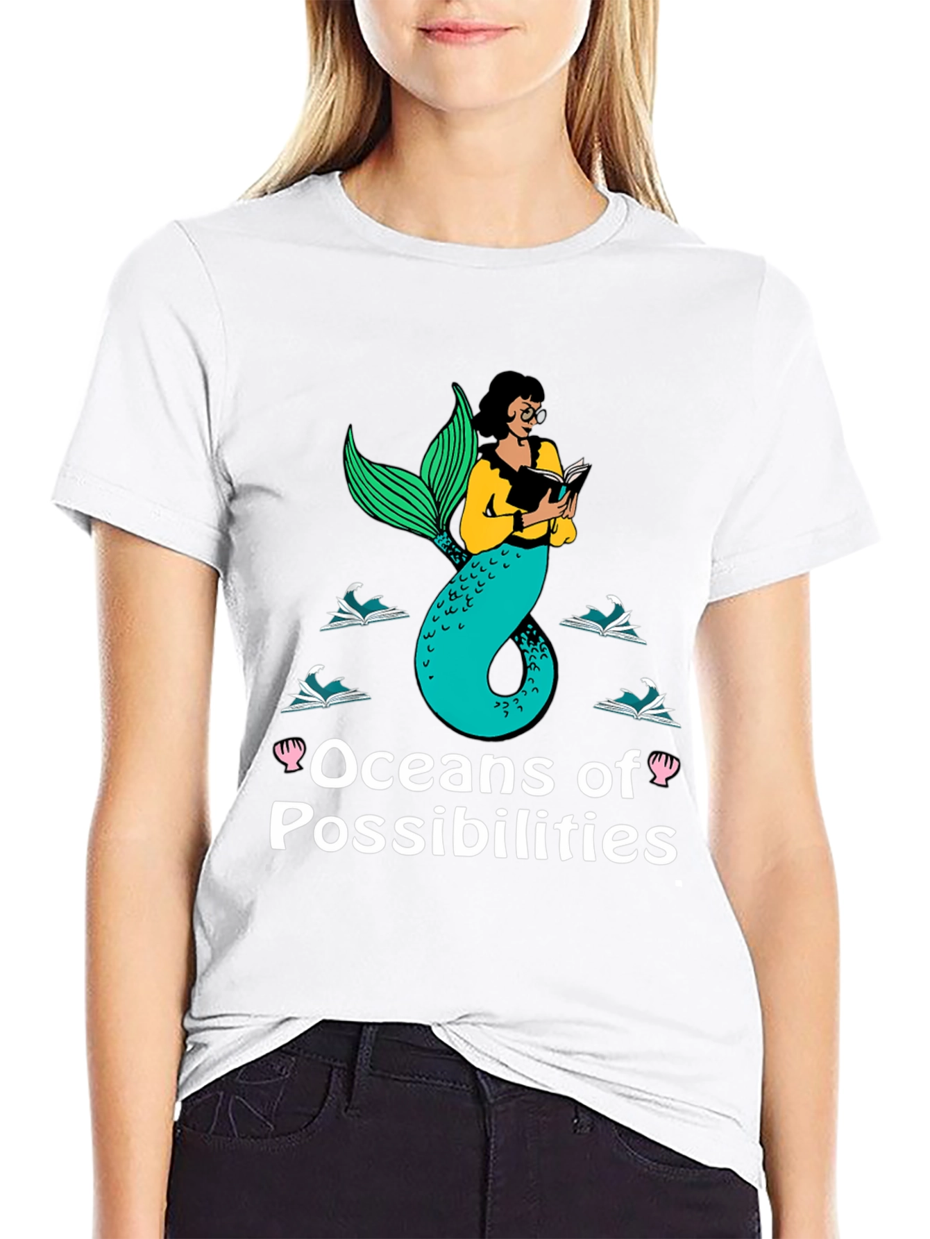 Oceans of Possibilities Reading Mermaid Black T-Shirt