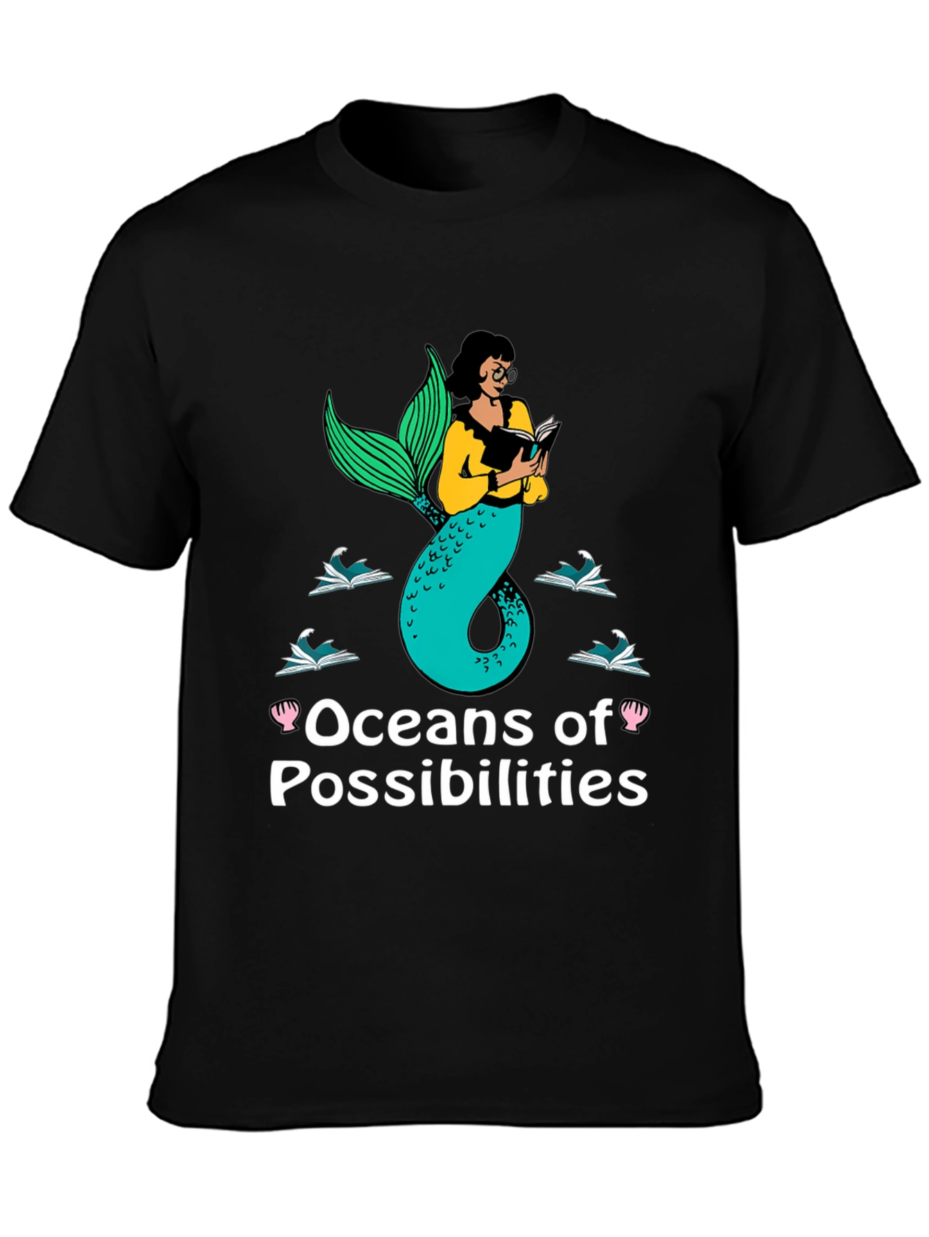 Oceans of Possibilities Reading Mermaid Black T-Shirt