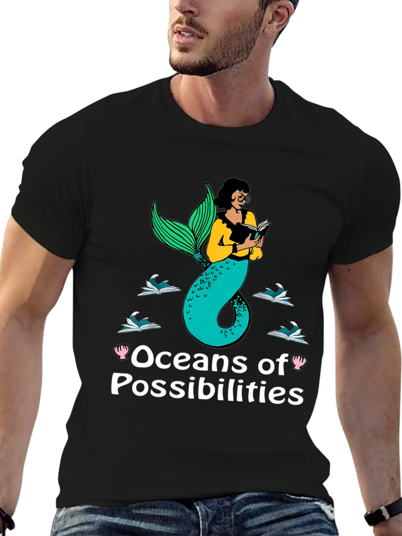 Oceans of Possibilities Reading Mermaid Black T-Shirt