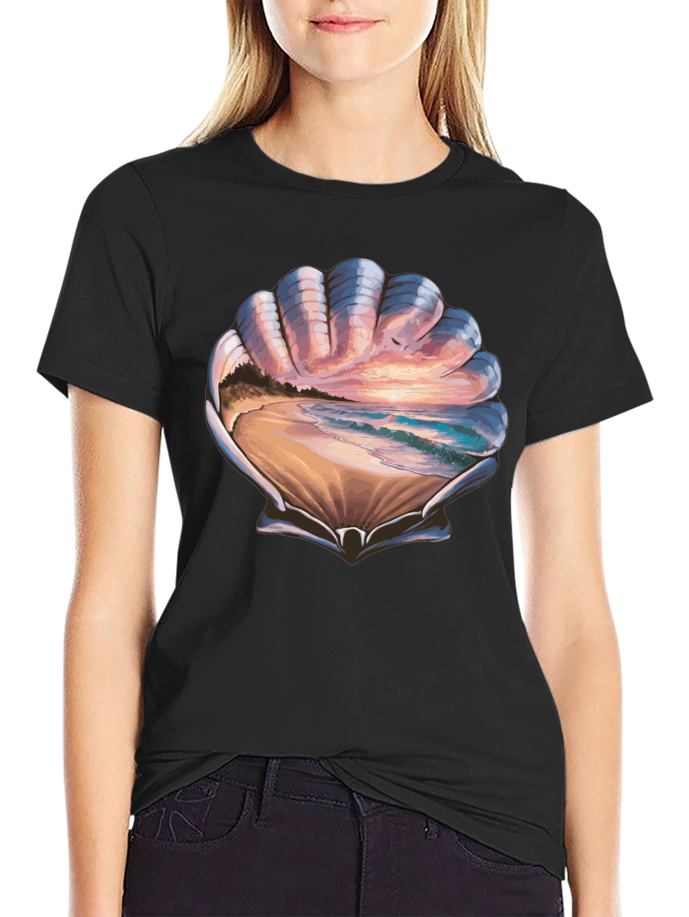 Seashell Beach Scene Graphic T-Shirt